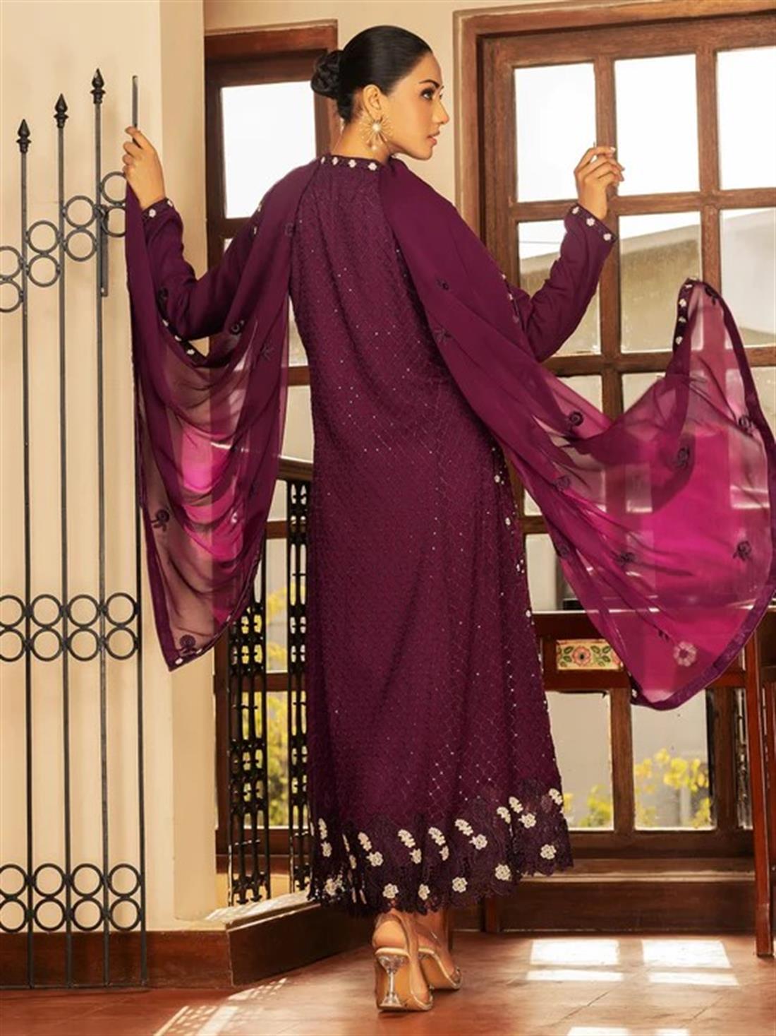 Purple Embroidered Raw Silk Chiffon Suit