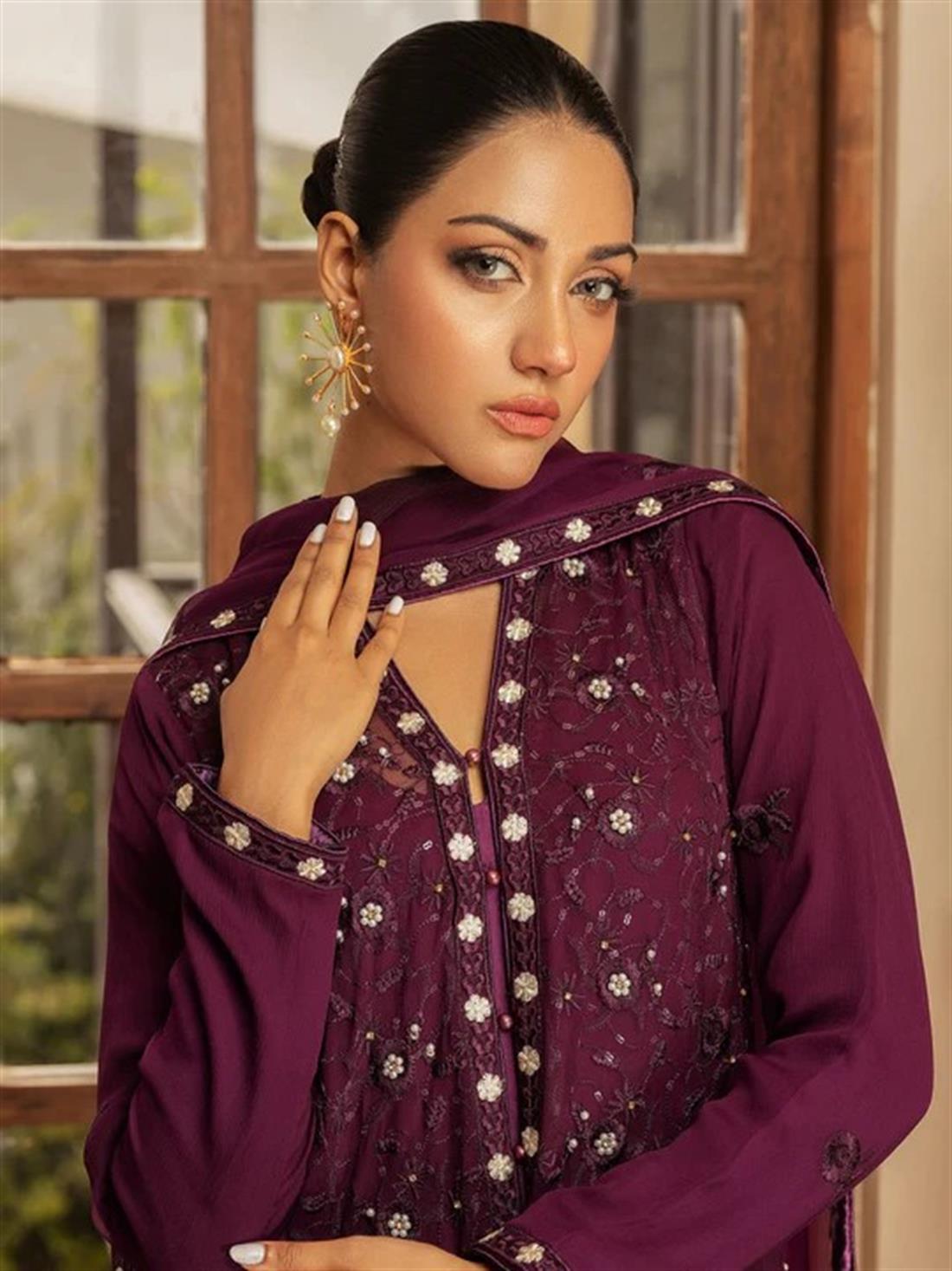 Purple Embroidered Raw Silk Chiffon Suit