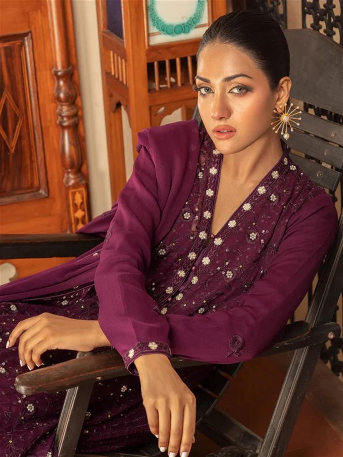 Purple Embroidered Raw Silk Chiffon Suit