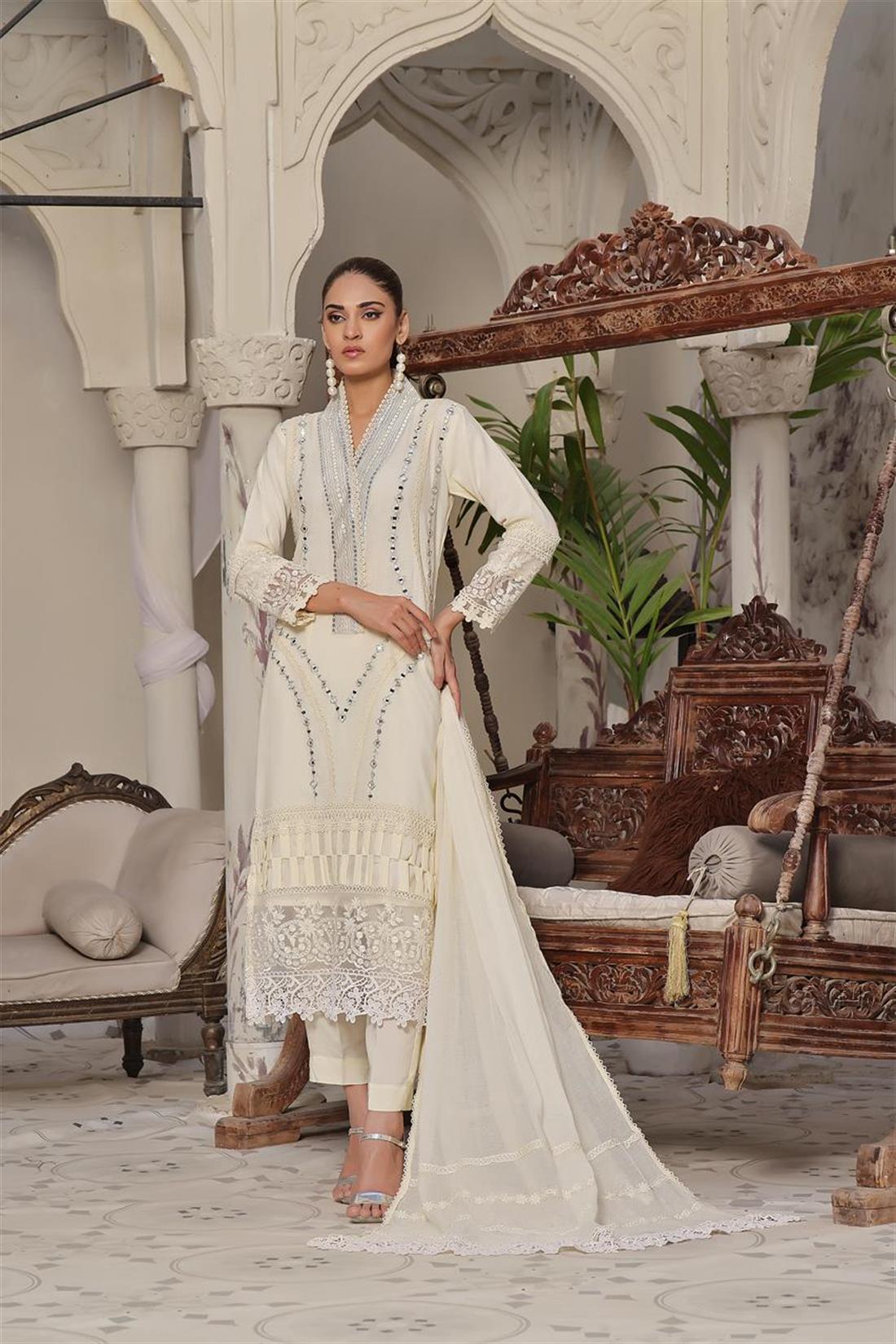 Cream Mirror Work Raw Silk Ladies Readymade