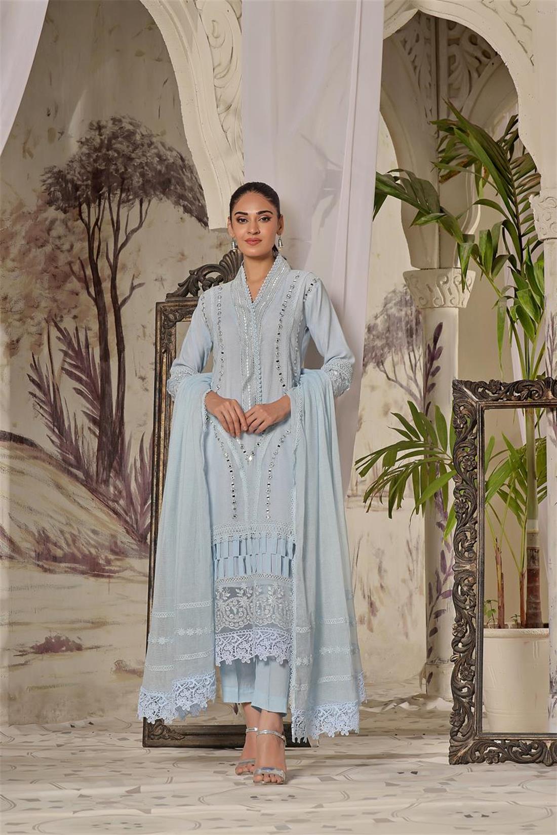 Powder Blue Mirror Work Raw Silk Ladies Readymade