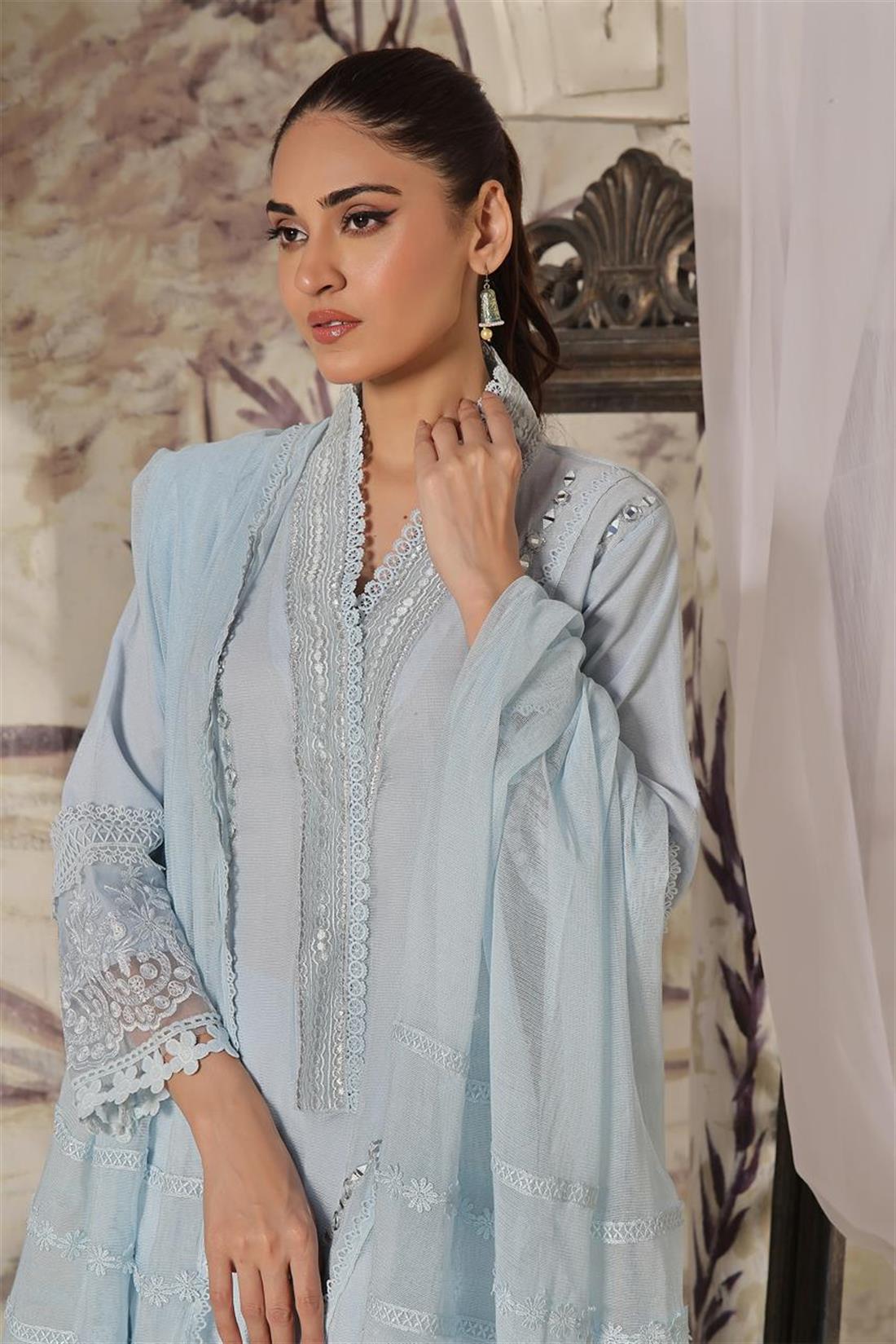 Powder Blue Mirror Work Raw Silk Ladies Readymade