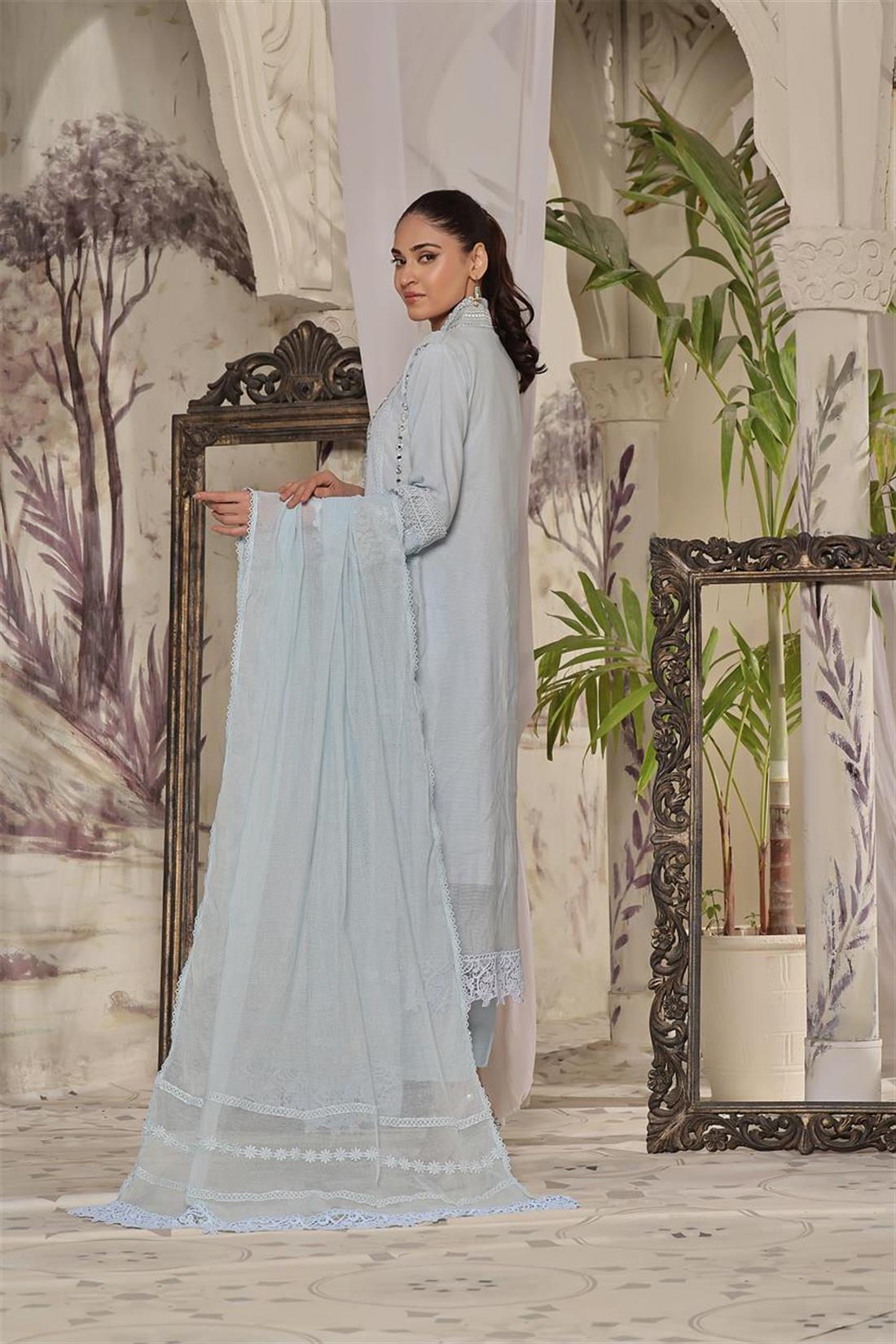 Powder Blue Mirror Work Raw Silk Ladies Readymade