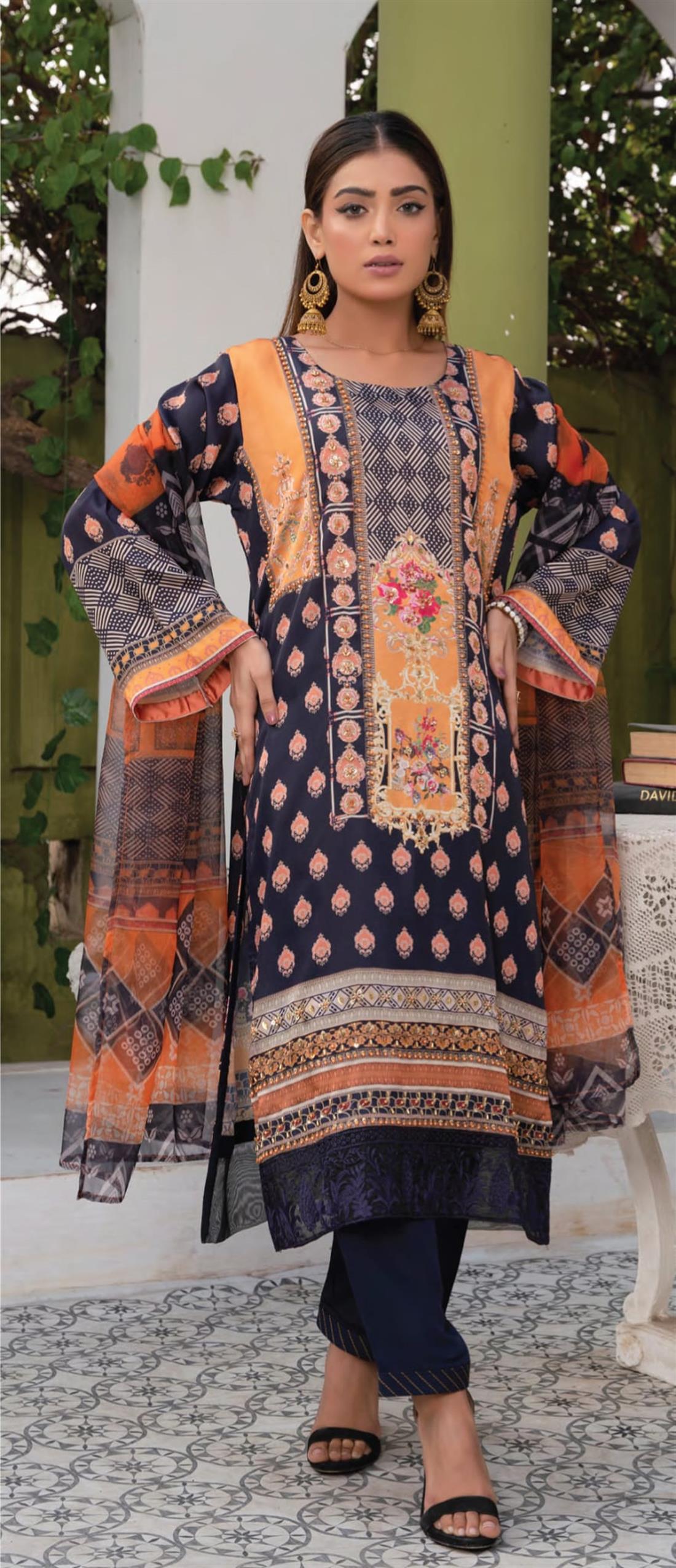 Navy & Mustard Raw Silk 3ps Suit