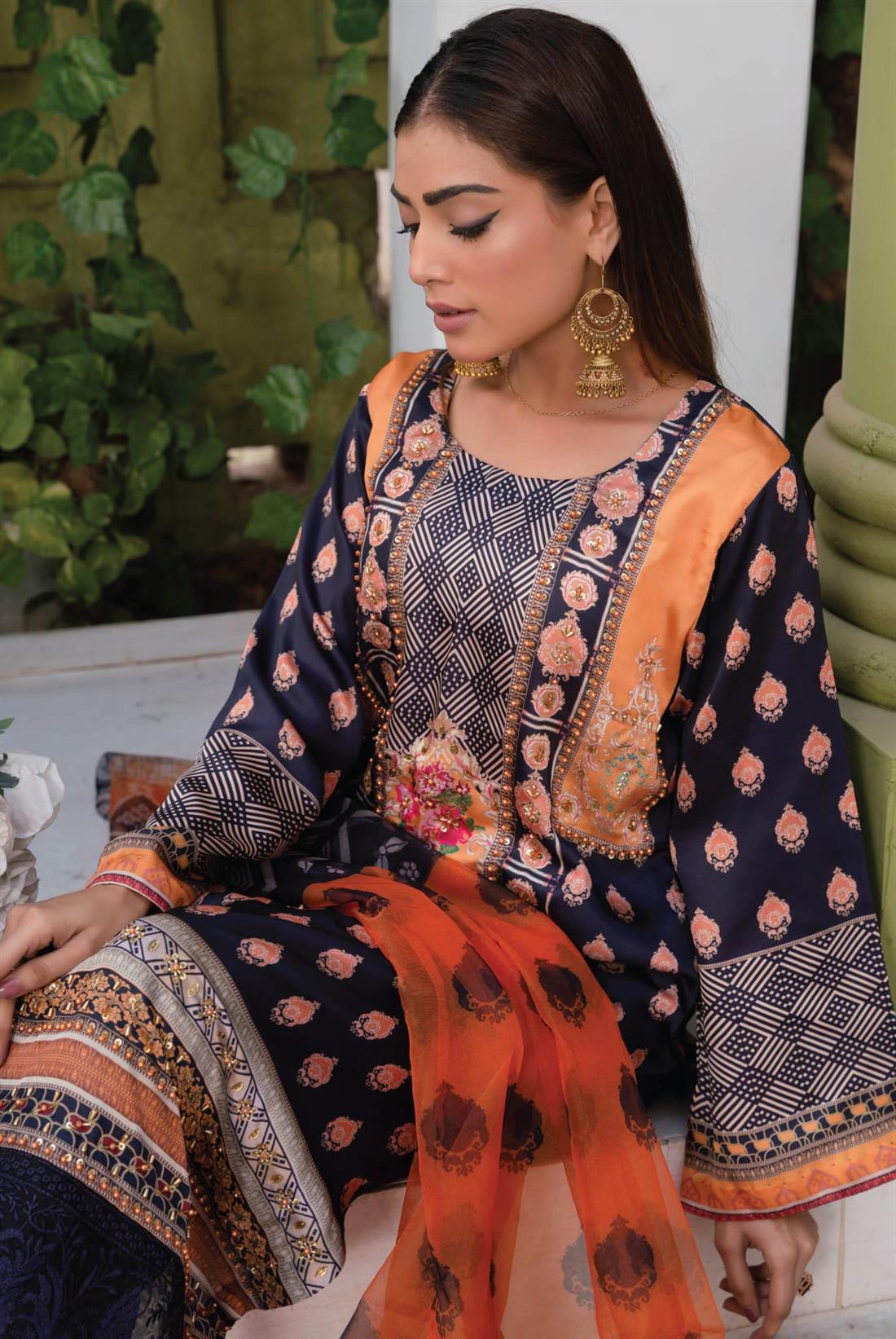 Navy & Mustard Raw Silk 3ps Suit