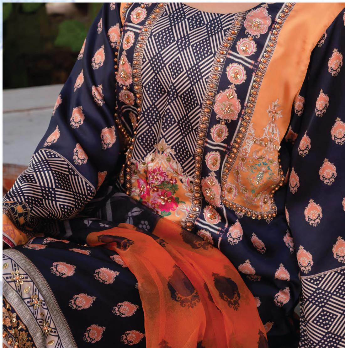 Navy & Mustard Raw Silk 3ps Suit