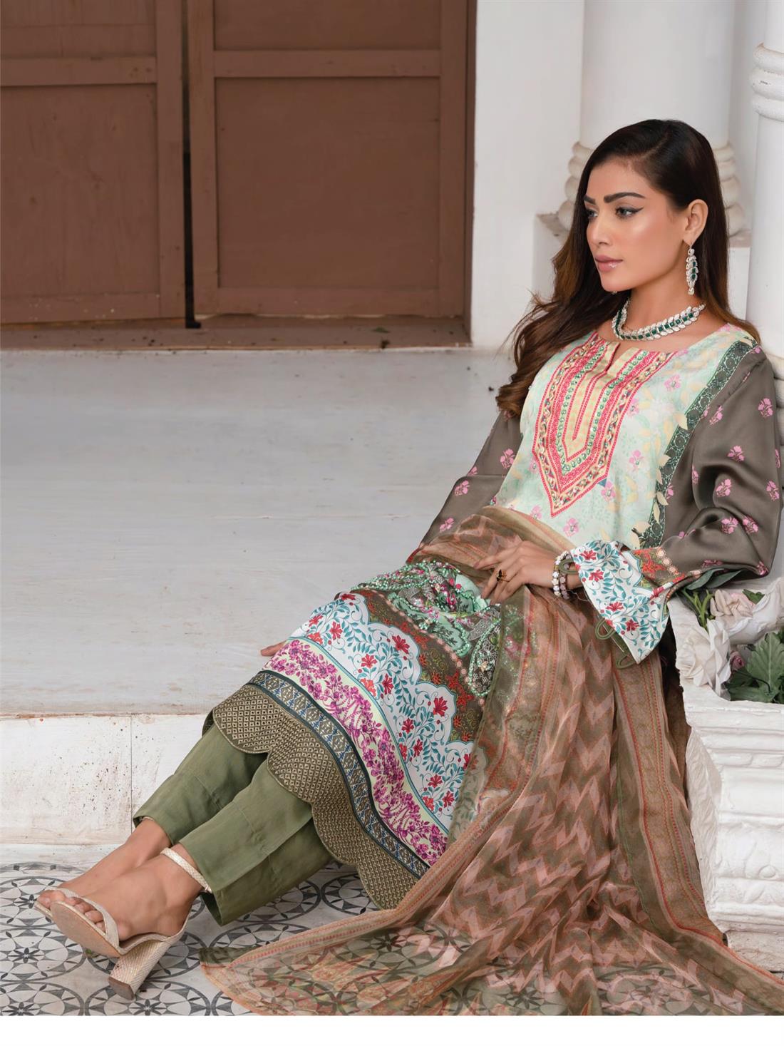Olive Multicolour Raw Silk 3 Piece Suit