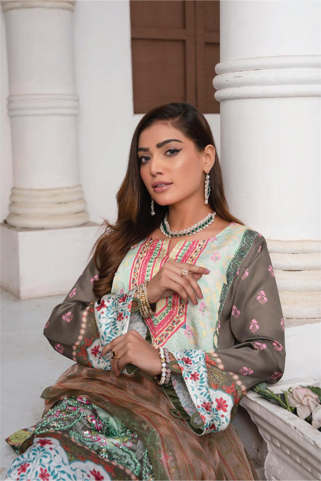 Olive Multicolour Raw Silk 3 Piece Suit