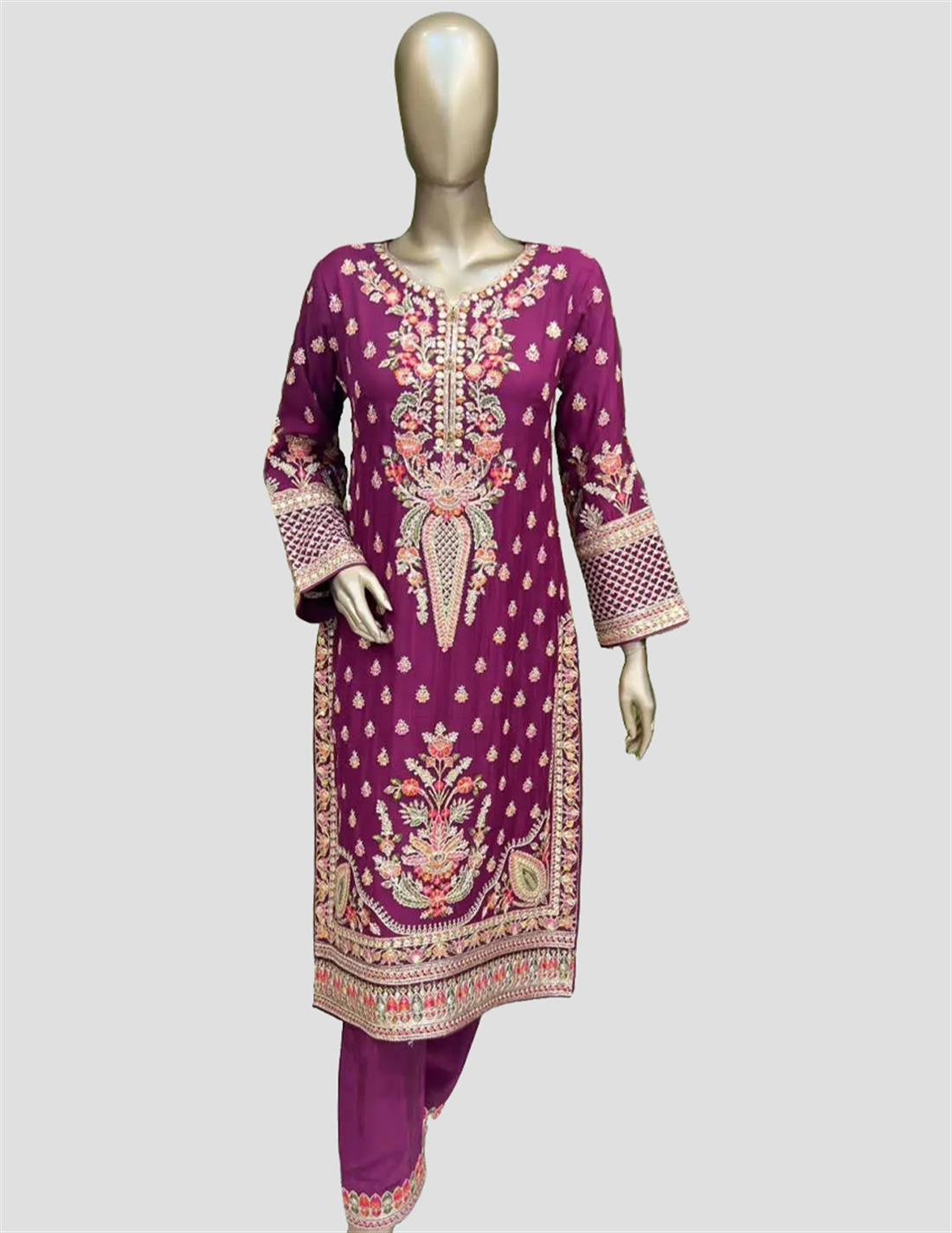 Purple Embroidered Raw Silk Chiffon Suit