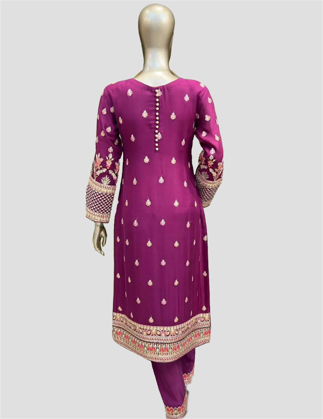 Purple Embroidered Raw Silk Chiffon Suit