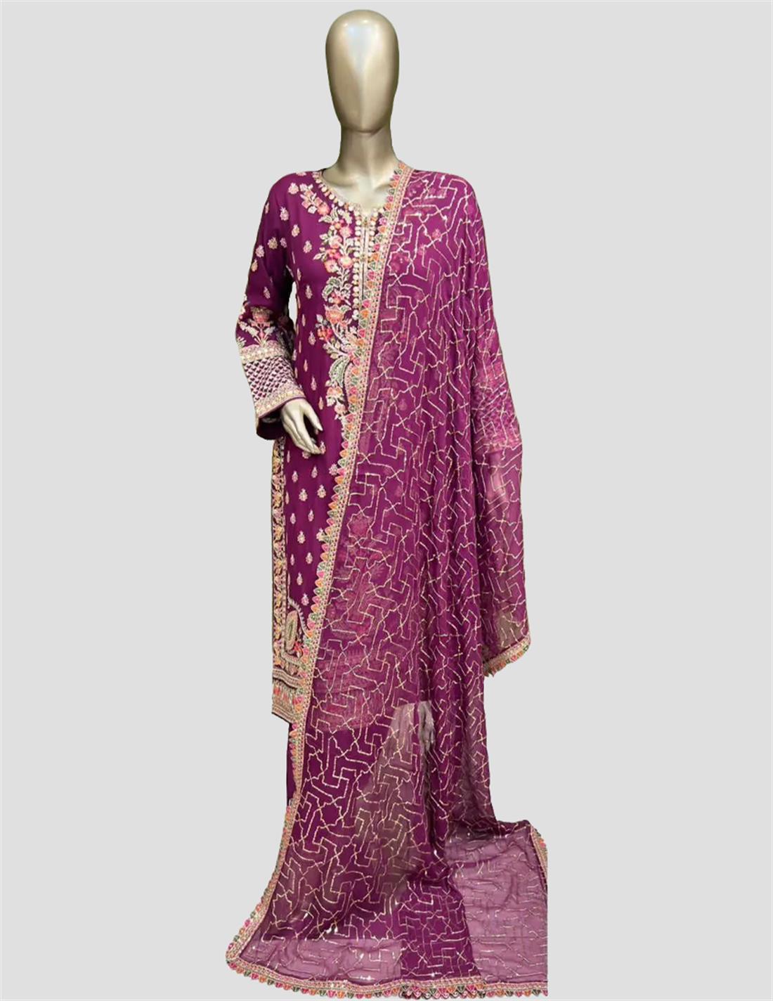 Purple Embroidered Raw Silk Chiffon Suit