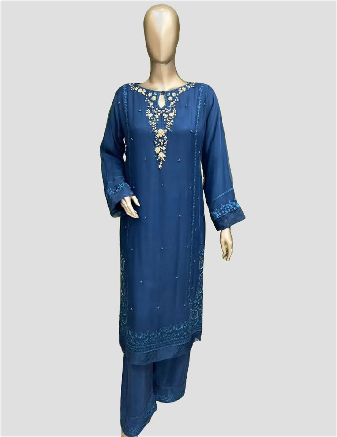 Teal Sequinned Raw Silk Ladies Readymade