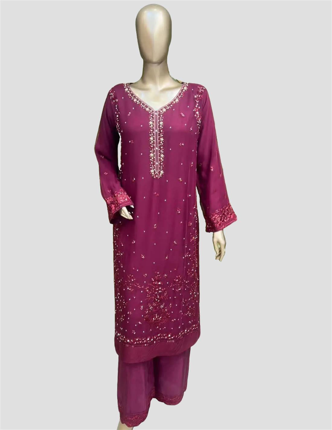 Burgandy Sequinned Raw Silk Ladies Readymade
