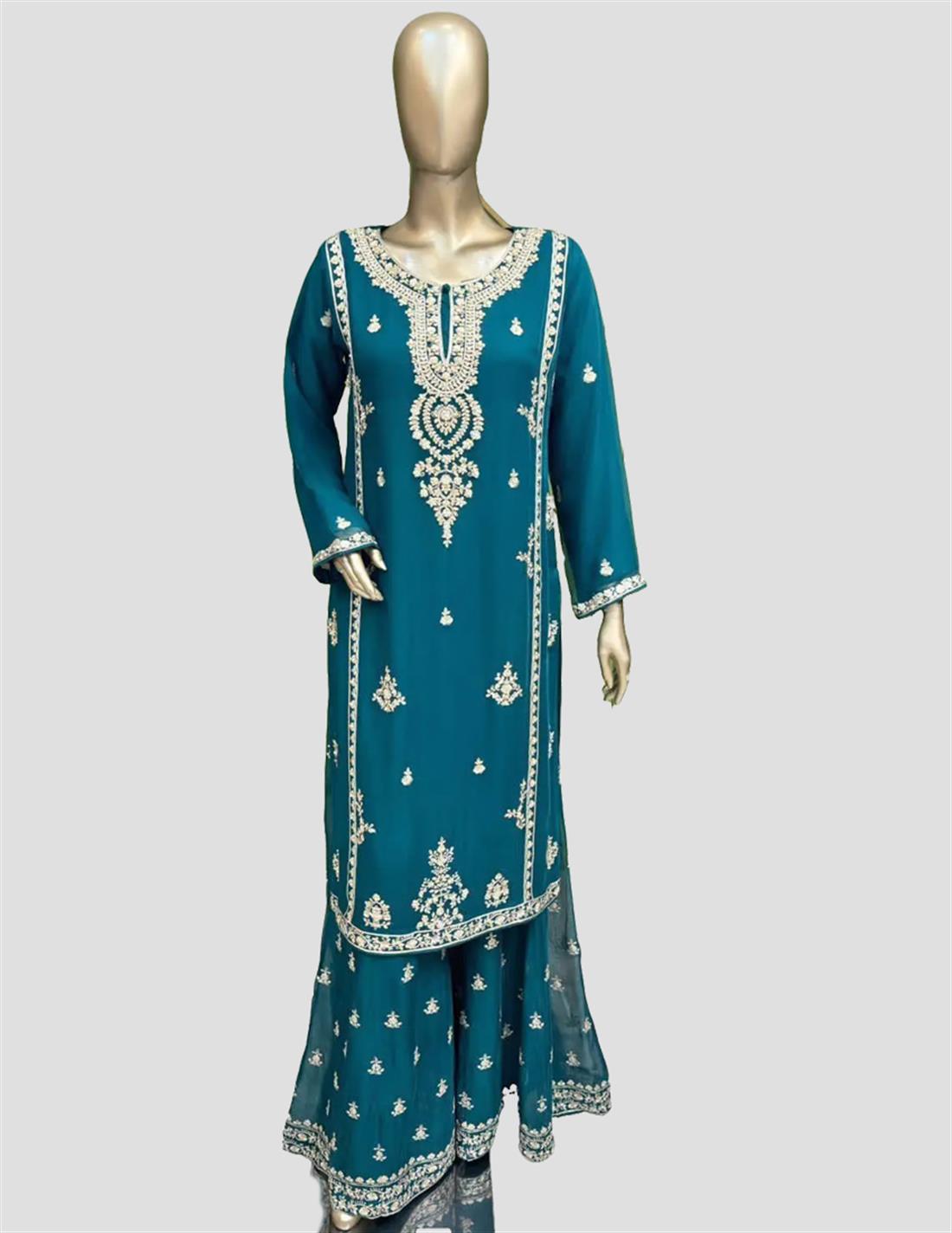 Pine Green Embroidered Chiffon Sharara Ladies Readymade