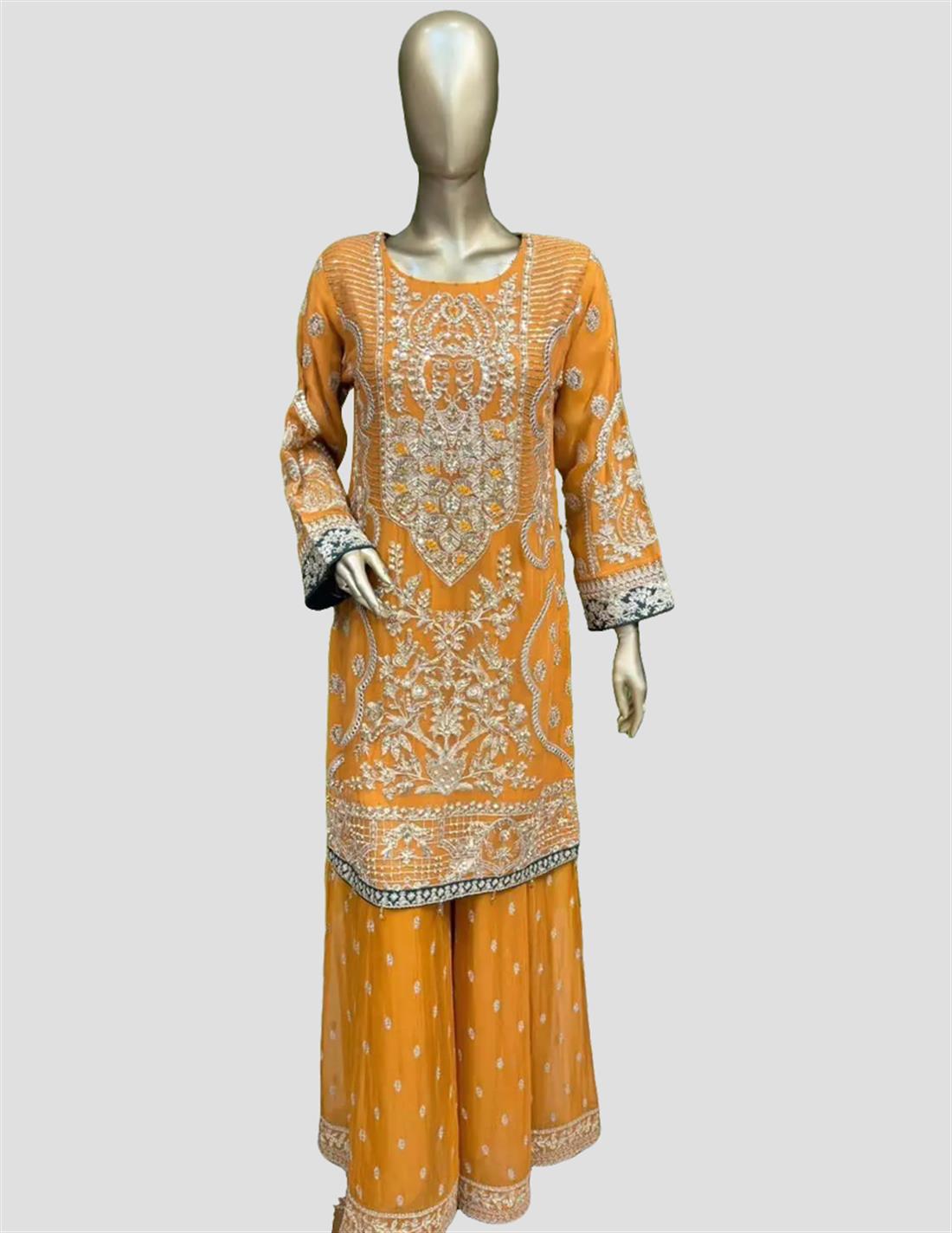 Mustard Stone Work Chiffon Sharara Ladies Readymade