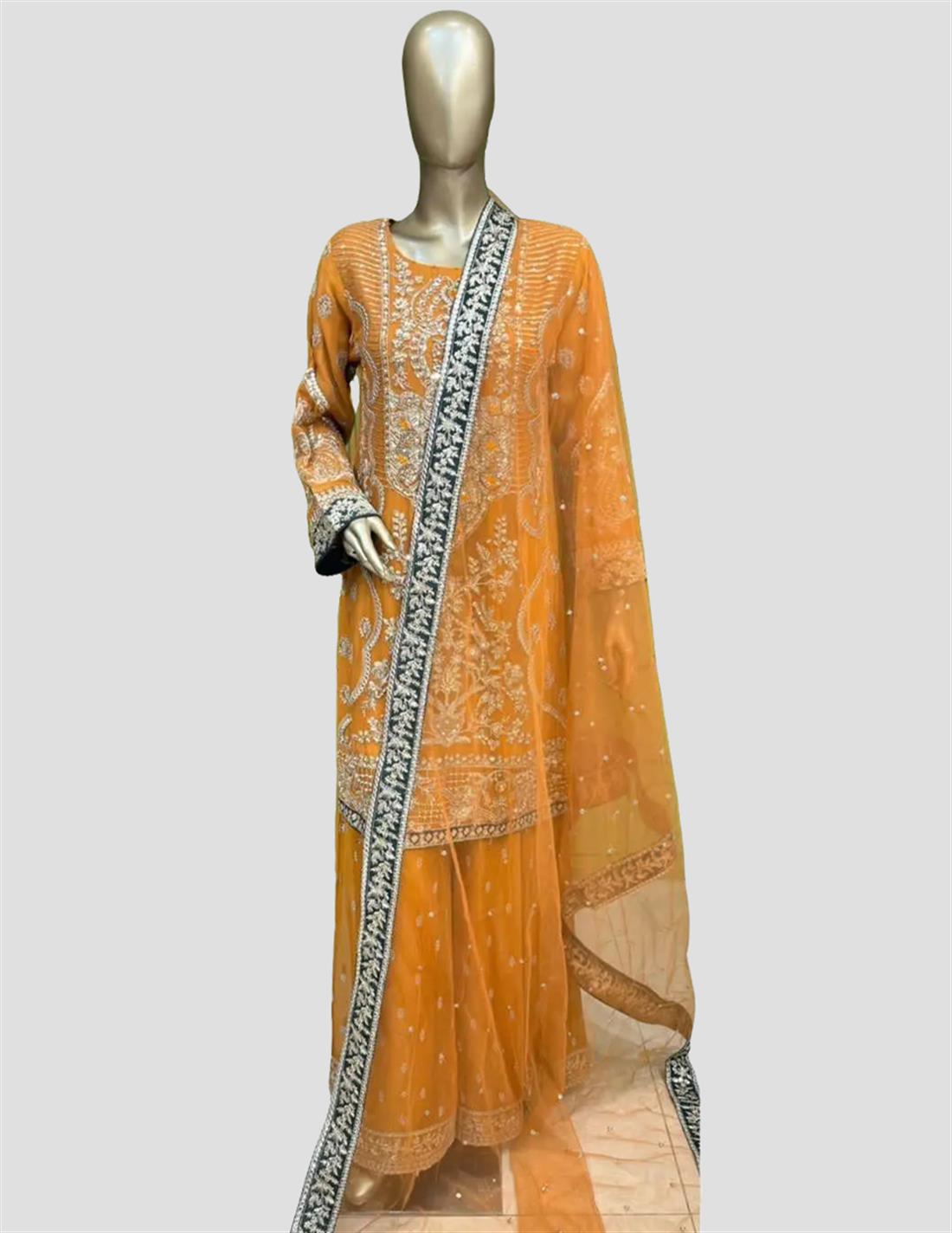 Mustard Stone Work Chiffon Sharara Ladies Readymade
