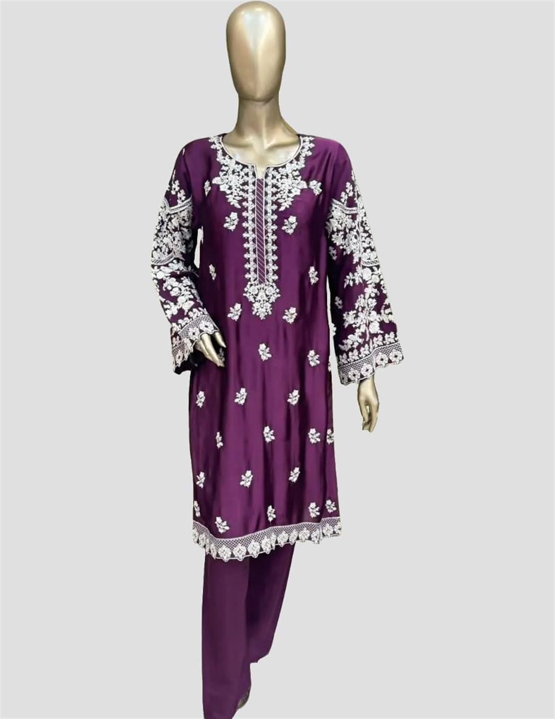 Plum Sequinned Raw Silk Ladies Readymade