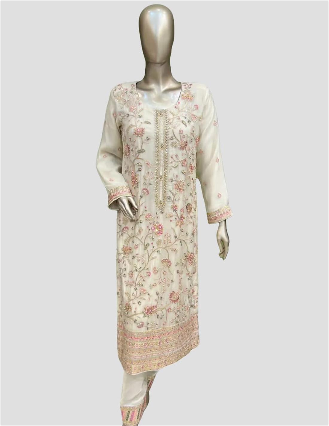 Beige Sequinned Raw Silk Ladies Readymade