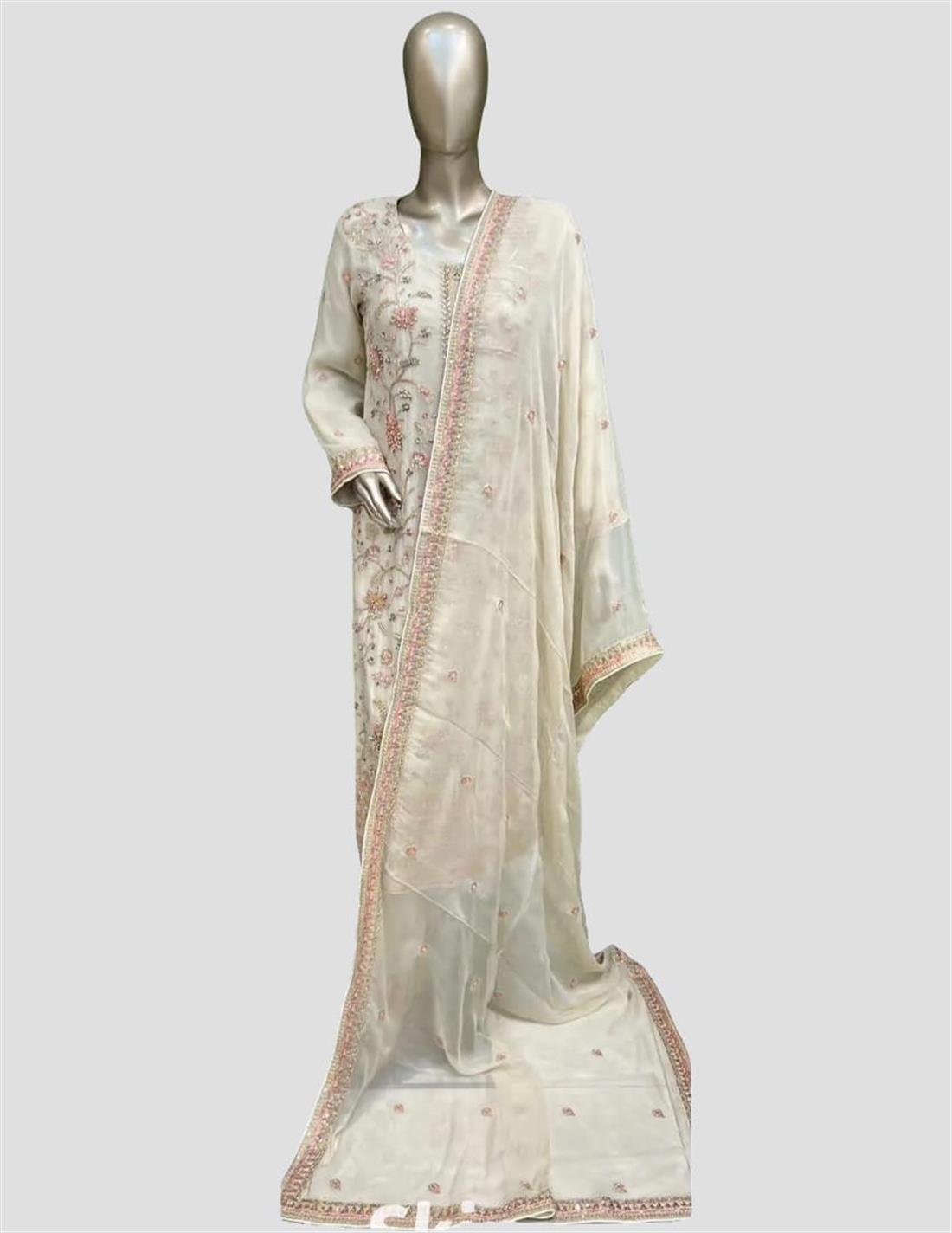 Beige Sequinned Raw Silk Ladies Readymade