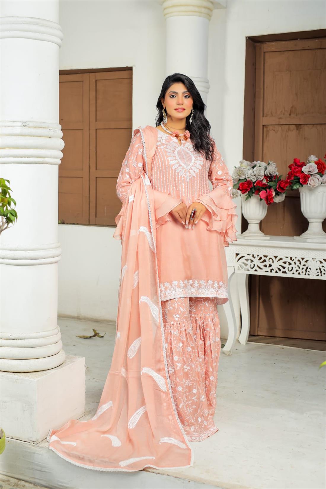 Peach Pink Embroidered Chiffon Ladies Readymade