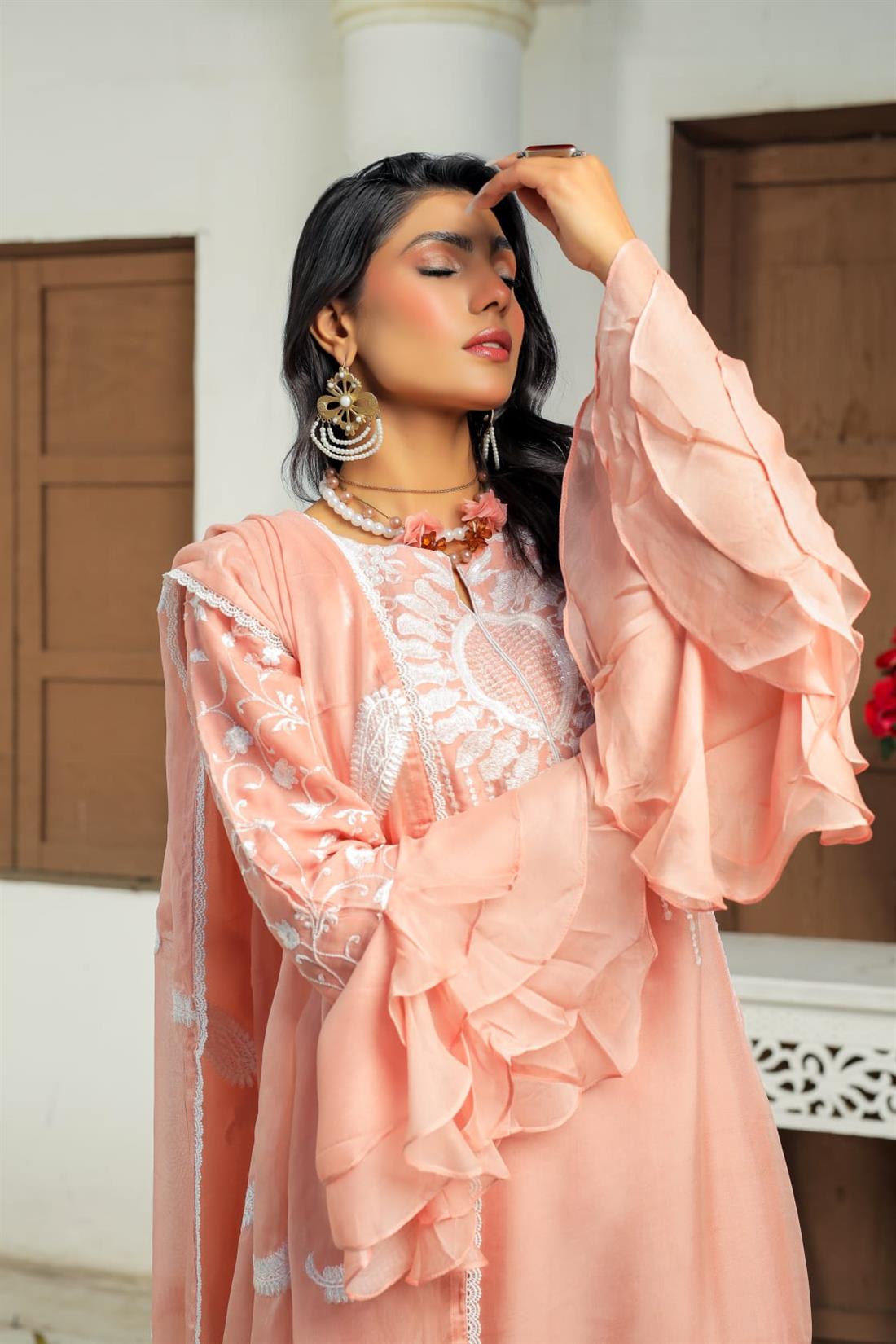 Peach Pink Embroidered Chiffon Ladies Readymade