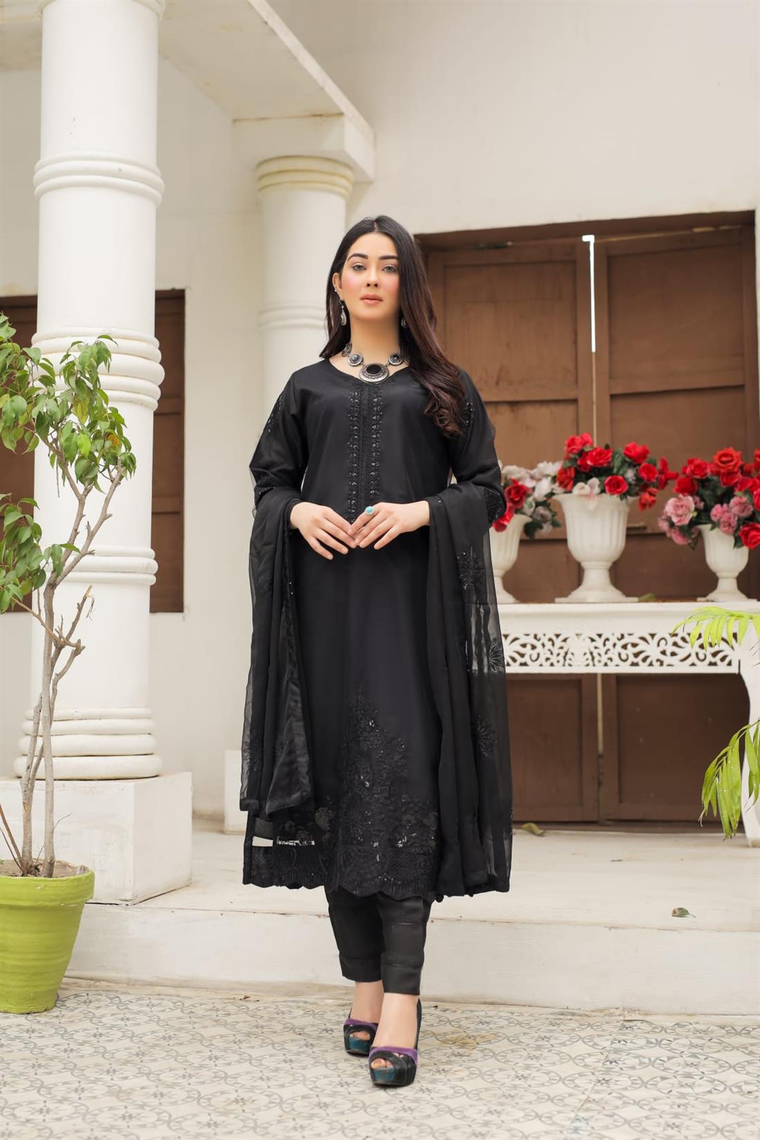 Black Sequinned Raw Silk Ladies Readymade