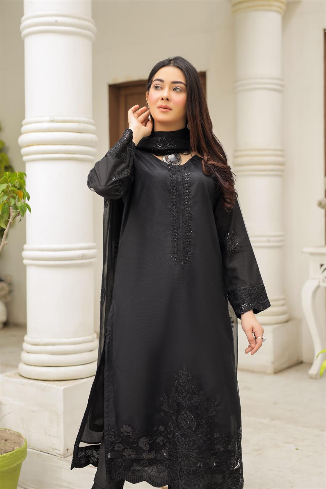 Black Sequinned Raw Silk Ladies Readymade