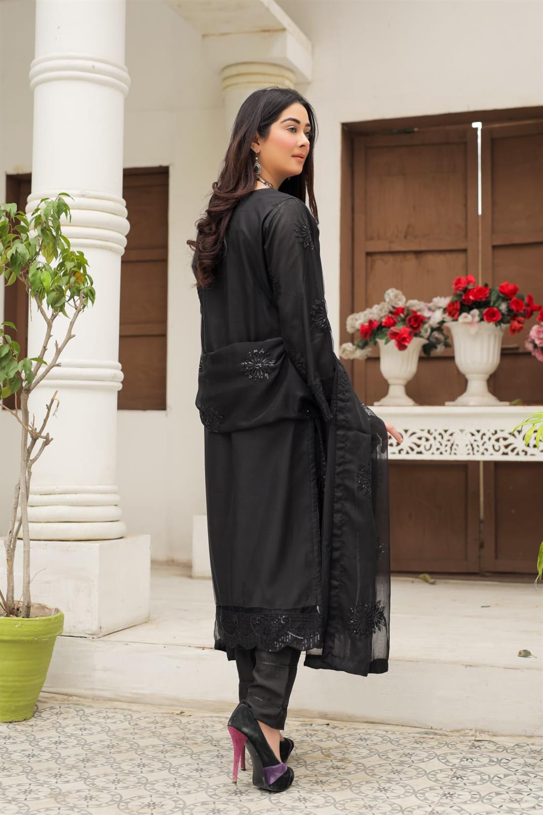 Black Sequinned Raw Silk Ladies Readymade
