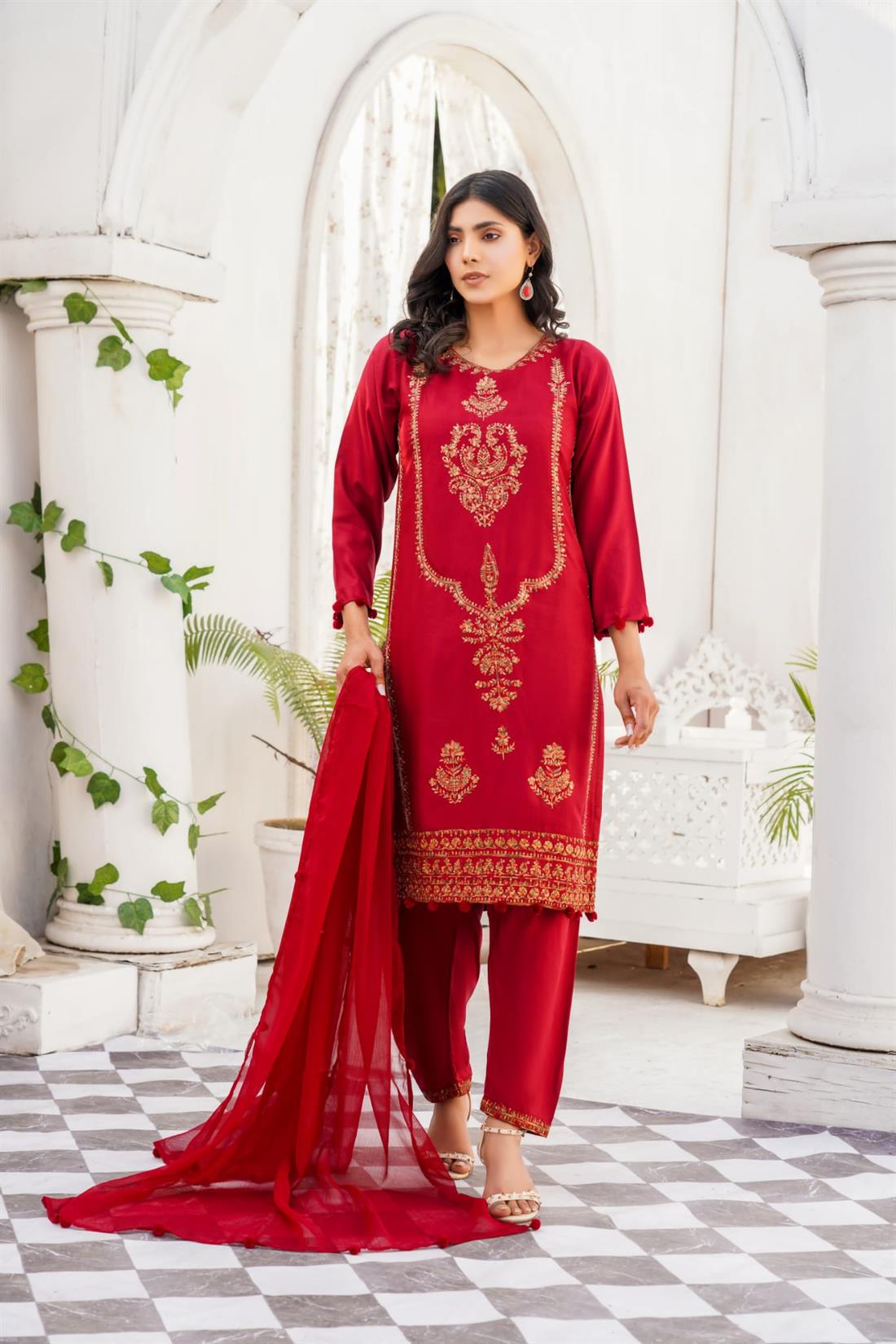 Maroon Embroidered Raw Silk Ladies Readymade