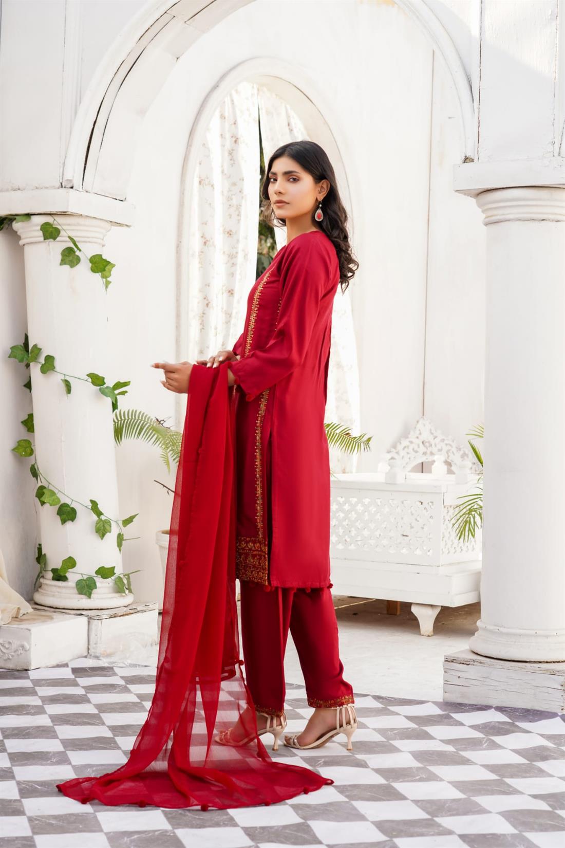Maroon Embroidered Raw Silk Ladies Readymade