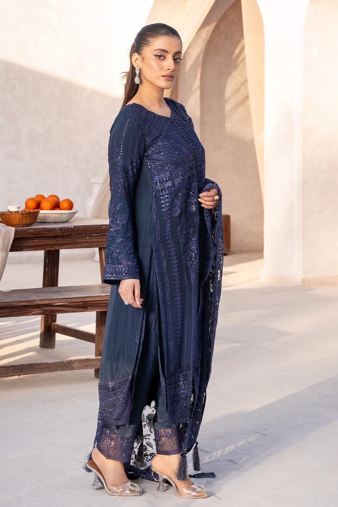Navy Sequinned Raw Silk Ladies Readymade