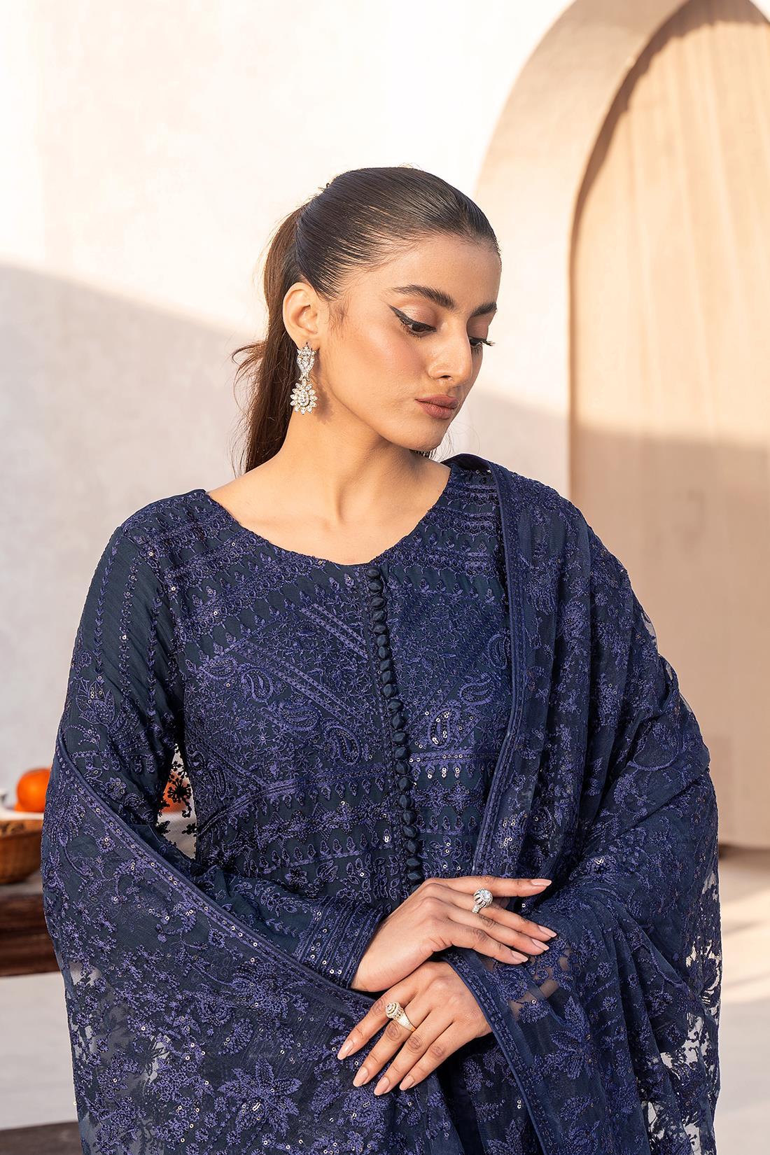 Navy Sequinned Raw Silk Ladies Readymade