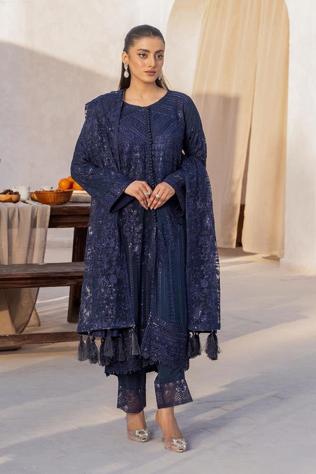 Navy Sequinned Raw Silk Ladies Readymade
