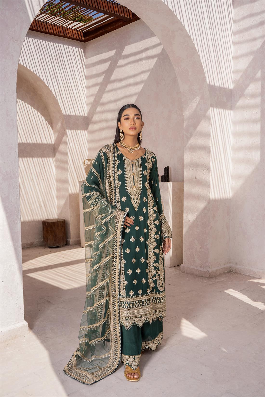 Green Sequinned Raw Silk Ladies Readymade