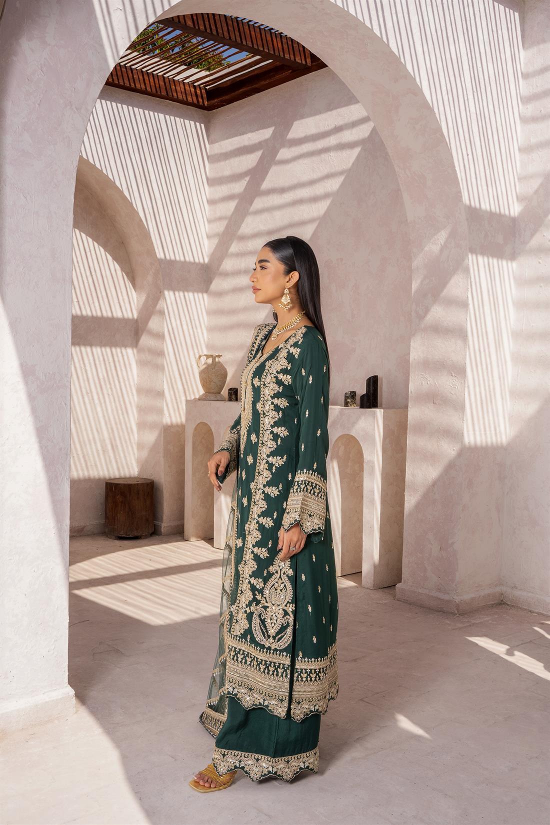 Green Sequinned Raw Silk Ladies Readymade
