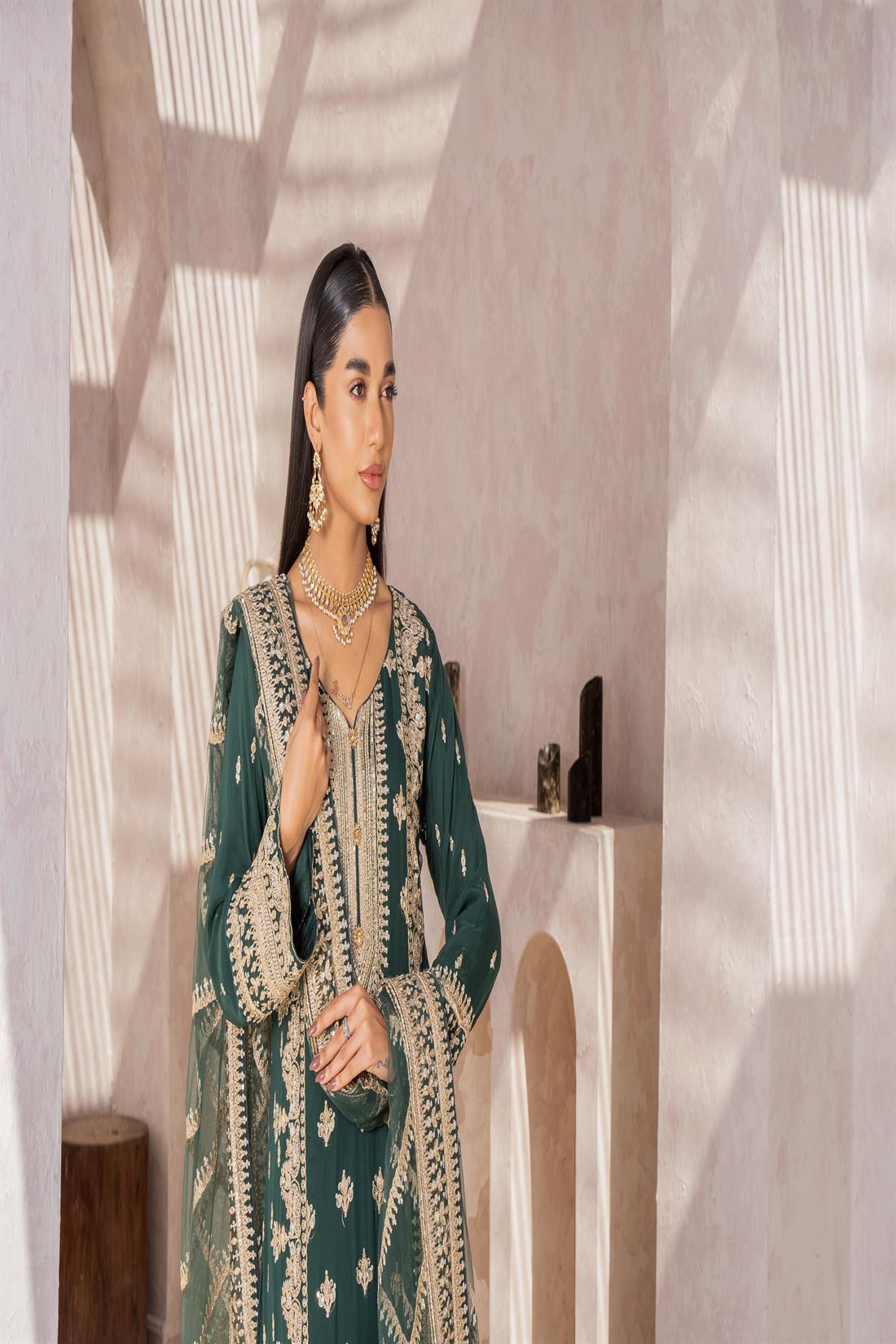 Green Sequinned Raw Silk Ladies Readymade