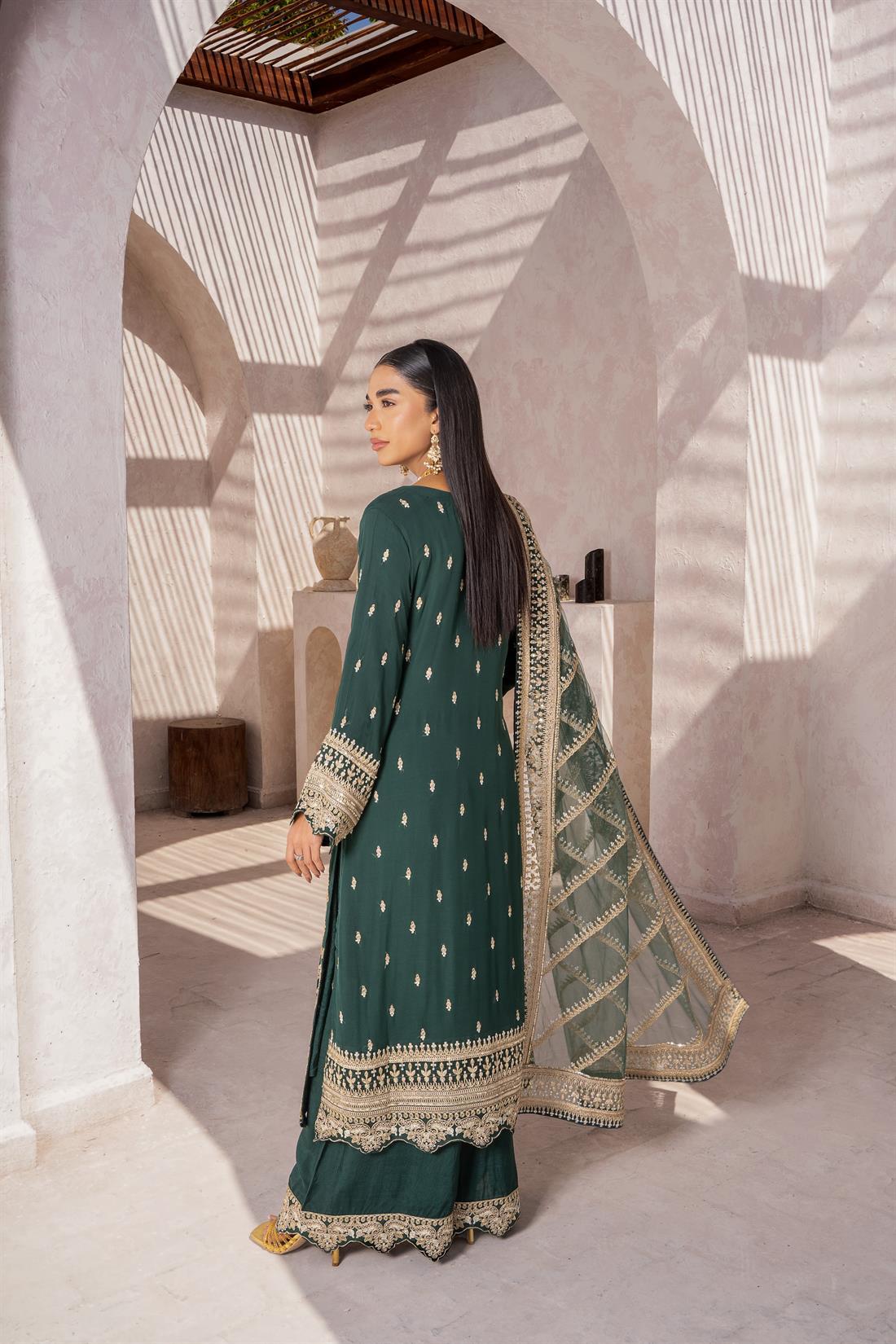 Green Sequinned Raw Silk Ladies Readymade