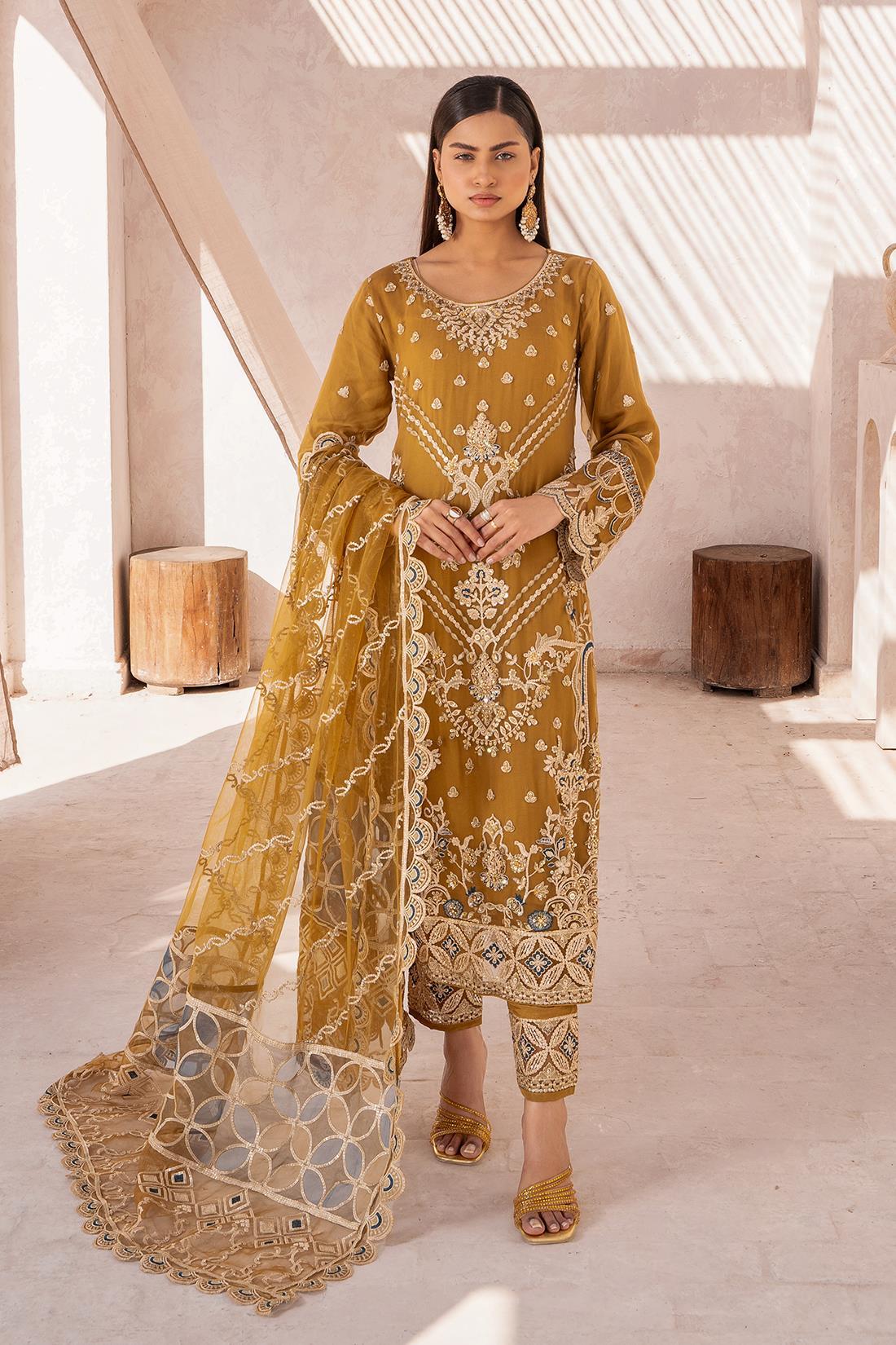 Mehndi Green Sequinned Raw Silk Chiffon 3 Piece Suit