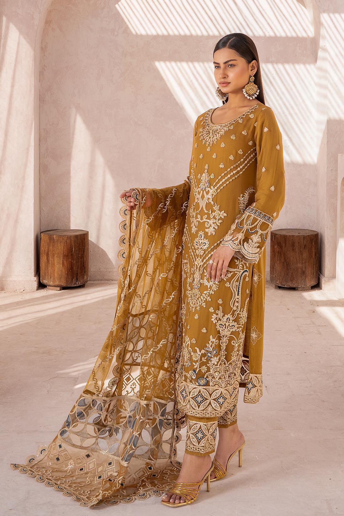 Mehndi Green Sequinned Raw Silk Chiffon 3 Piece Suit