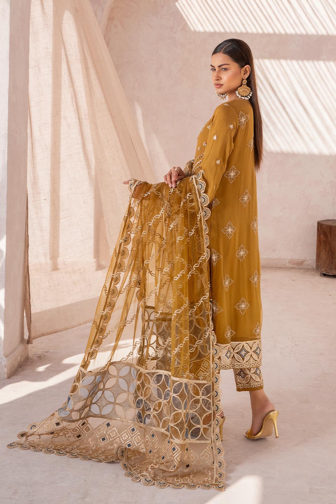 Mehndi Green Sequinned Raw Silk Chiffon 3 Piece Suit