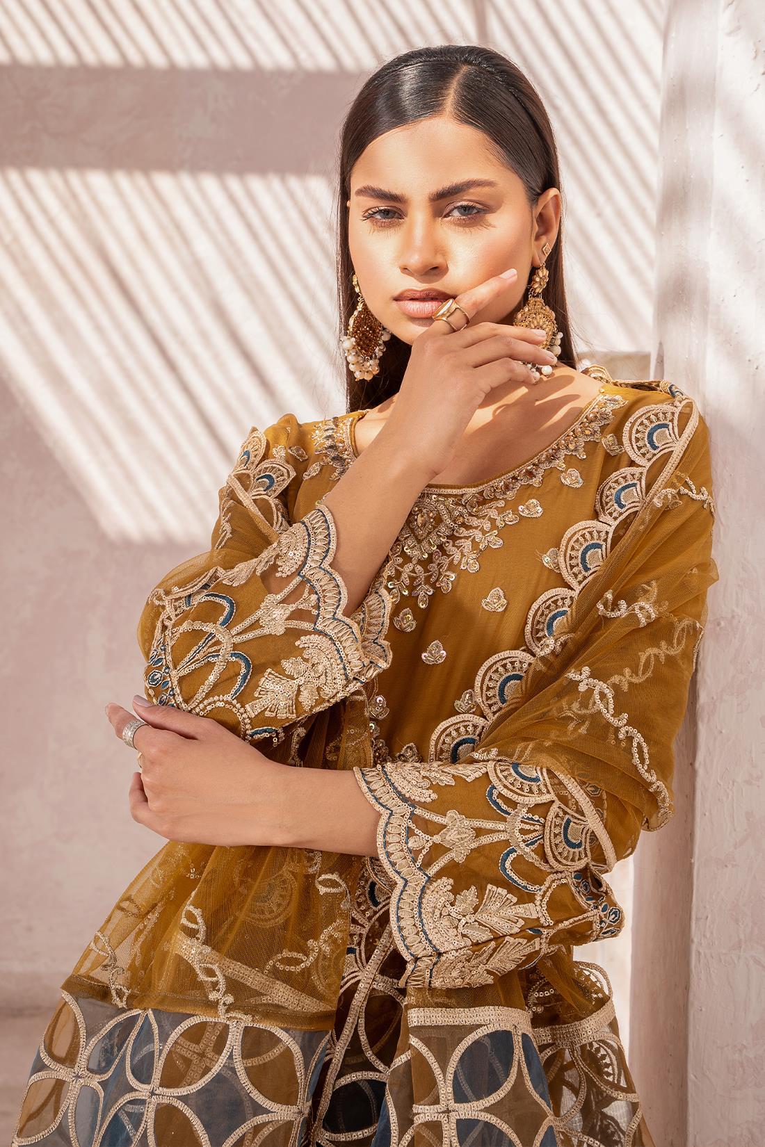 Mehndi Green Sequinned Raw Silk Chiffon 3 Piece Suit