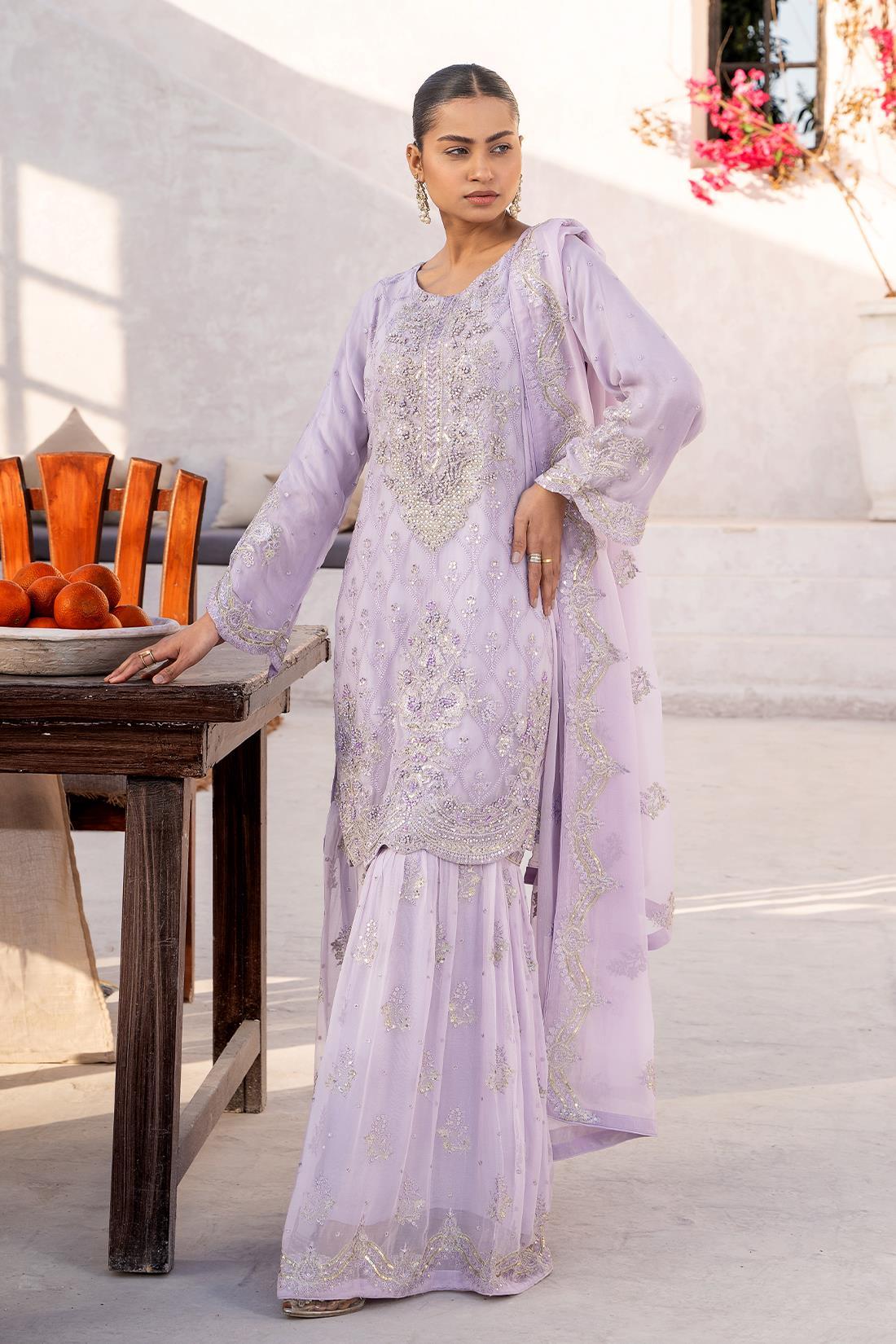Lilac Embroidered Chiffon 3 Piece Suit
