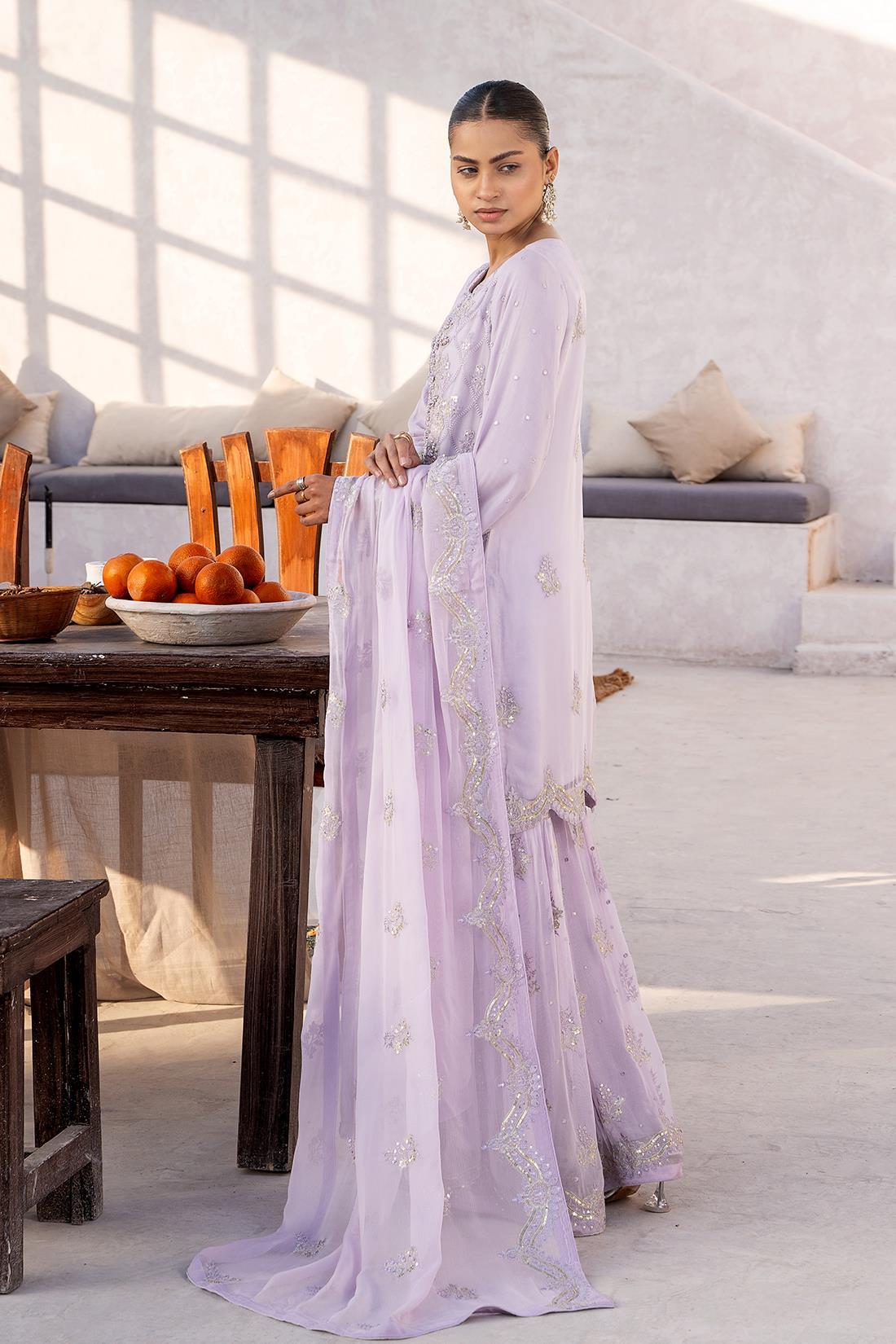 Lilac Embroidered Chiffon 3 Piece Suit