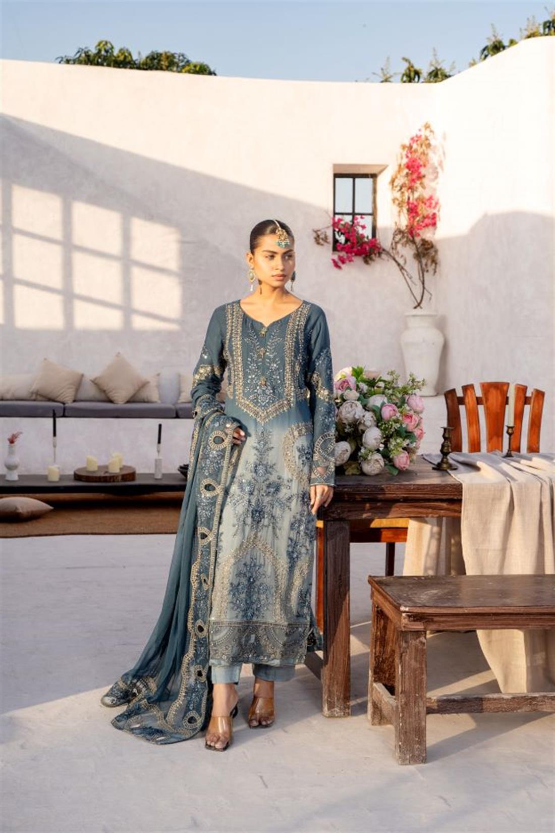 Teal Embroidered Raw Silk Chiffon 3 Piece Suit
