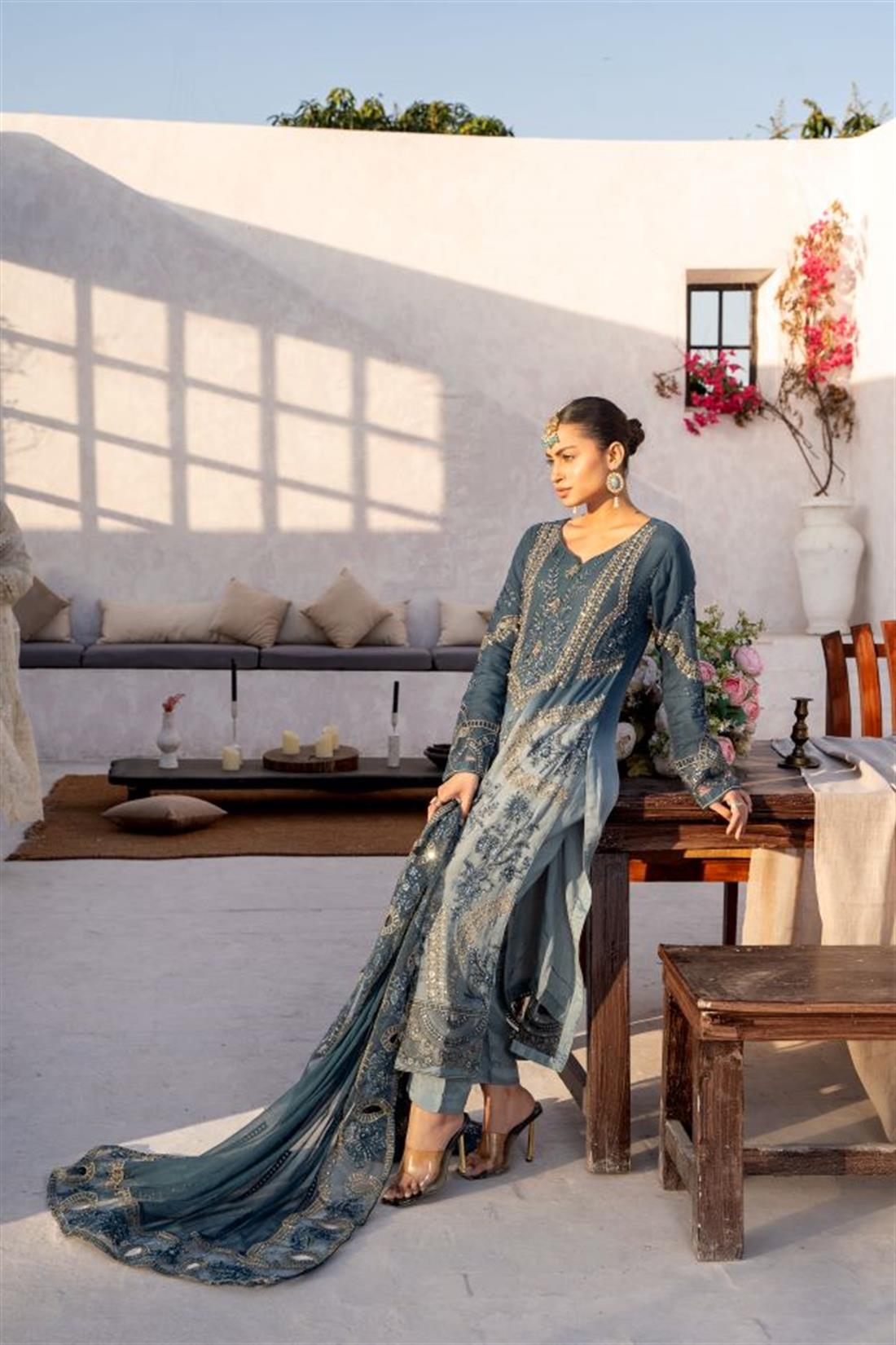 Teal Embroidered Raw Silk Chiffon 3 Piece Suit