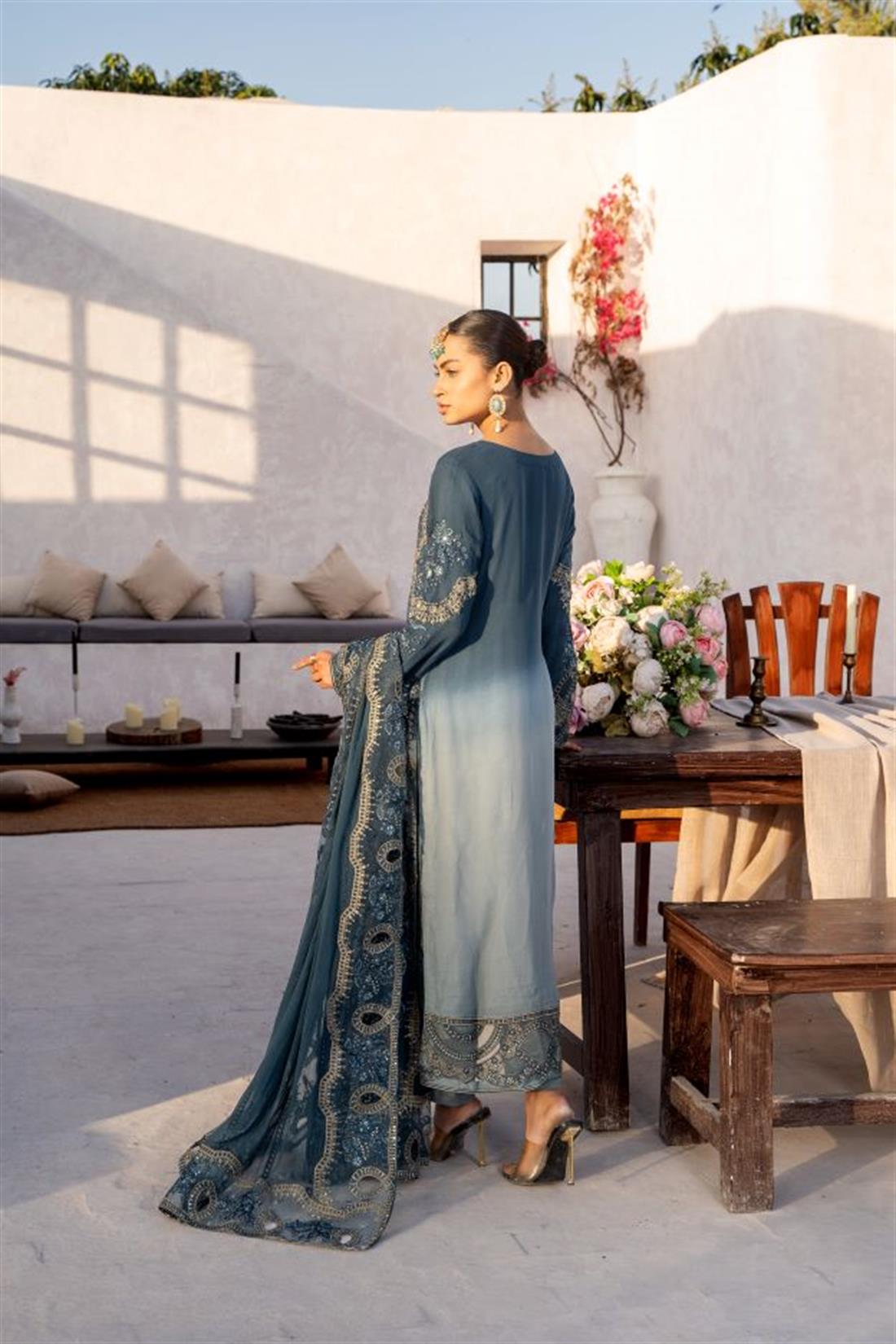 Teal Embroidered Raw Silk Chiffon 3 Piece Suit