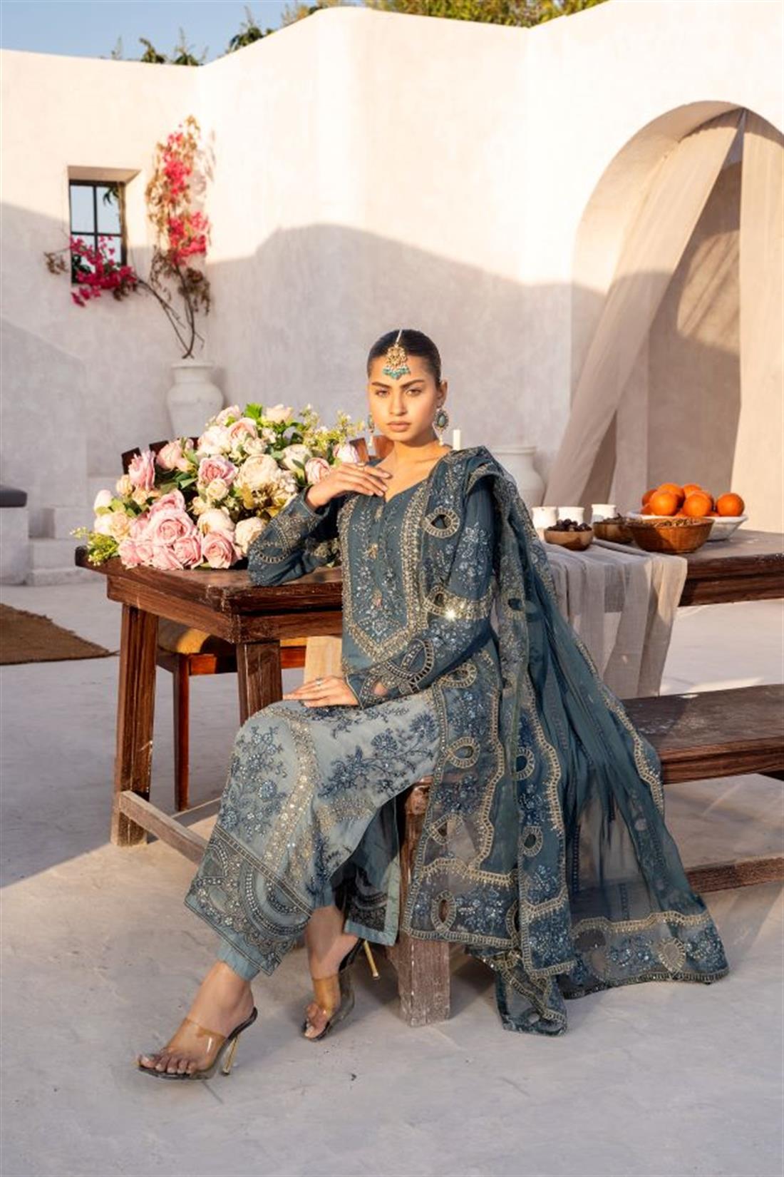 Teal Embroidered Raw Silk Chiffon 3 Piece Suit