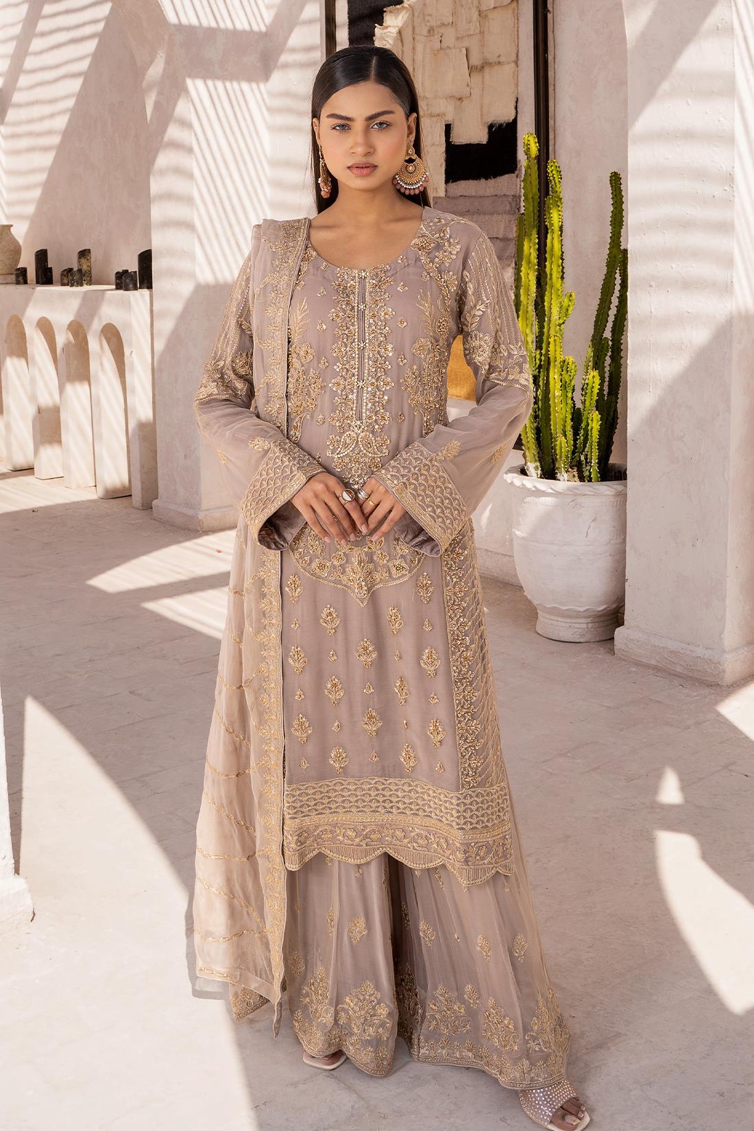 Cappuccino Embroidered Sharara Chiffon 3 Piece Suit