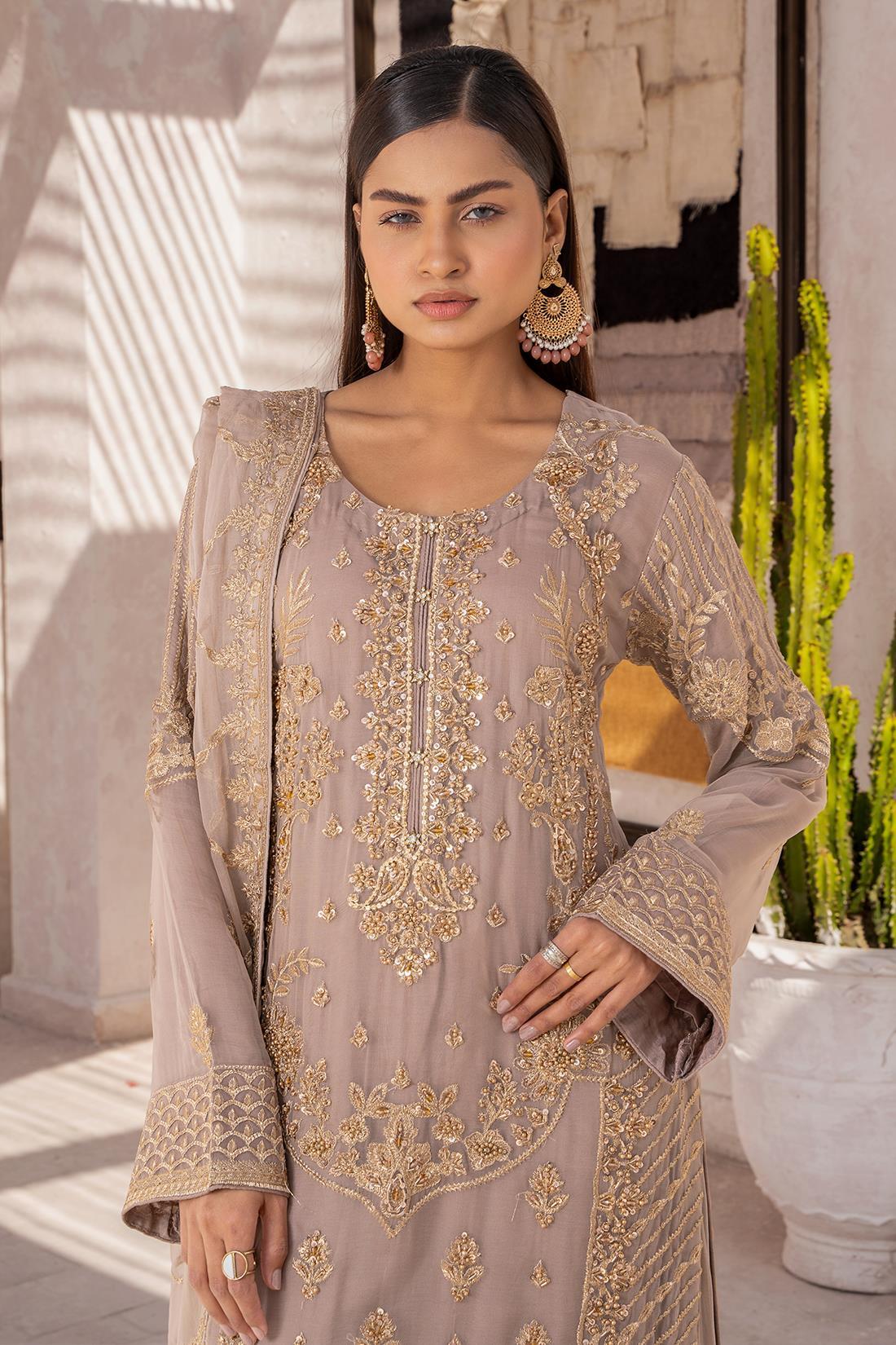 Cappuccino Embroidered Sharara Chiffon 3 Piece Suit