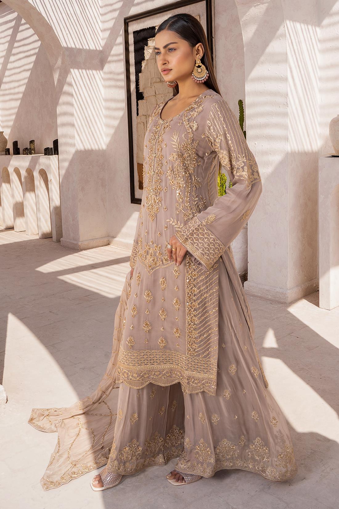 Cappuccino Embroidered Sharara Chiffon 3 Piece Suit
